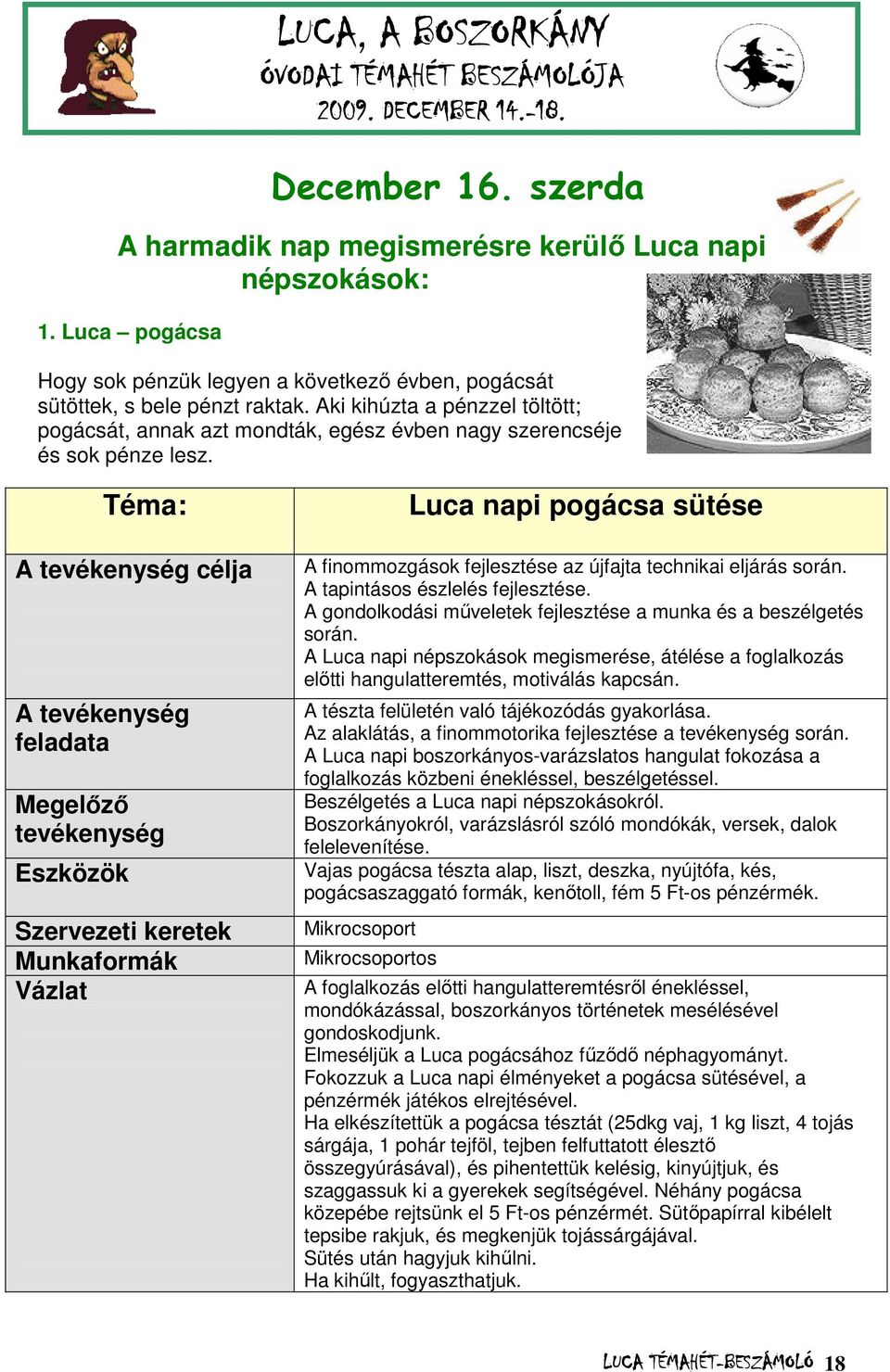 Téma: A tevékenység célja A tevékenység feladata Megelőző tevékenység Eszközök Szervezeti keretek Munkaformák Vázlat Luca napi pogácsa sütése A finommozgások fejlesztése az újfajta technikai eljárás