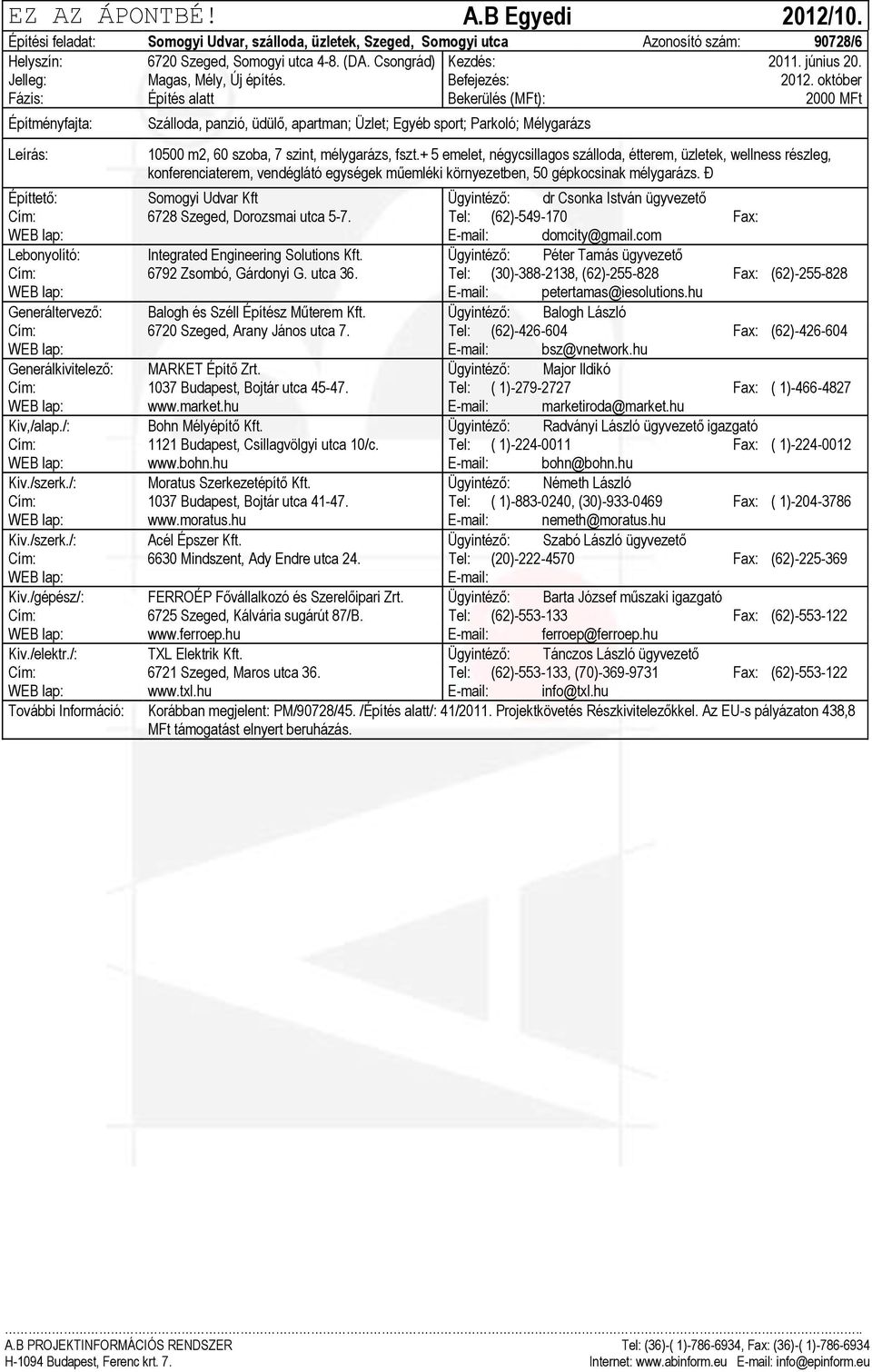 október Fázis: Építés alatt Bekerülés (MFt): 2000 MFt Szálloda, panzió, üdülő, apartman; Üzlet; Egyéb sport; Parkoló; Mélygarázs 10500 m2, 60 szoba, 7 szint, mélygarázs, fszt.