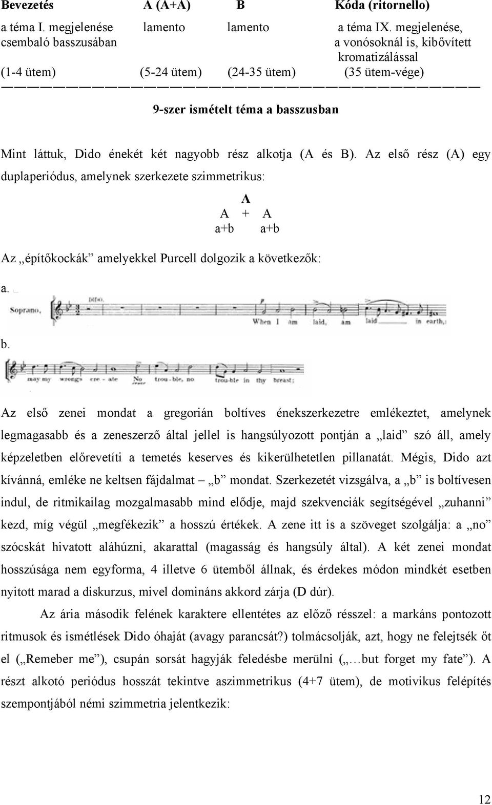 rész alkotja (A és B). Az első rész (A) egy duplaperiódus, amelynek szerkezete szimmetrikus: A A + A a+b a+b Az építőkockák amelyekkel Purcell dolgozik a következők: a. b.