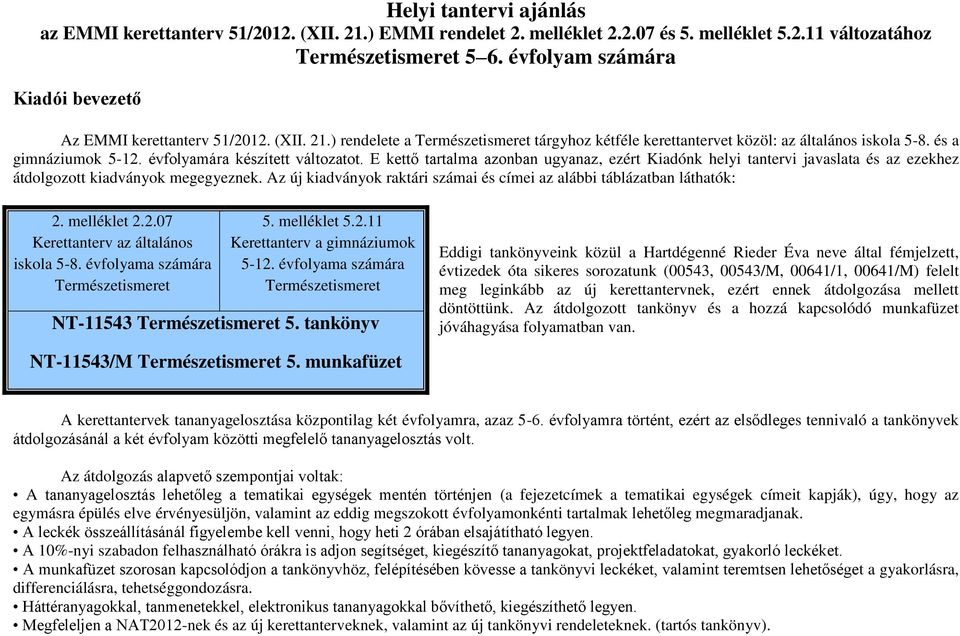 évfolyamára készített változatot. E kettő tartalma azonban ugyanaz, ezért Kiadónk helyi tantervi javaslata és az ezekhez átdolgozott kiadványok megegyeznek.