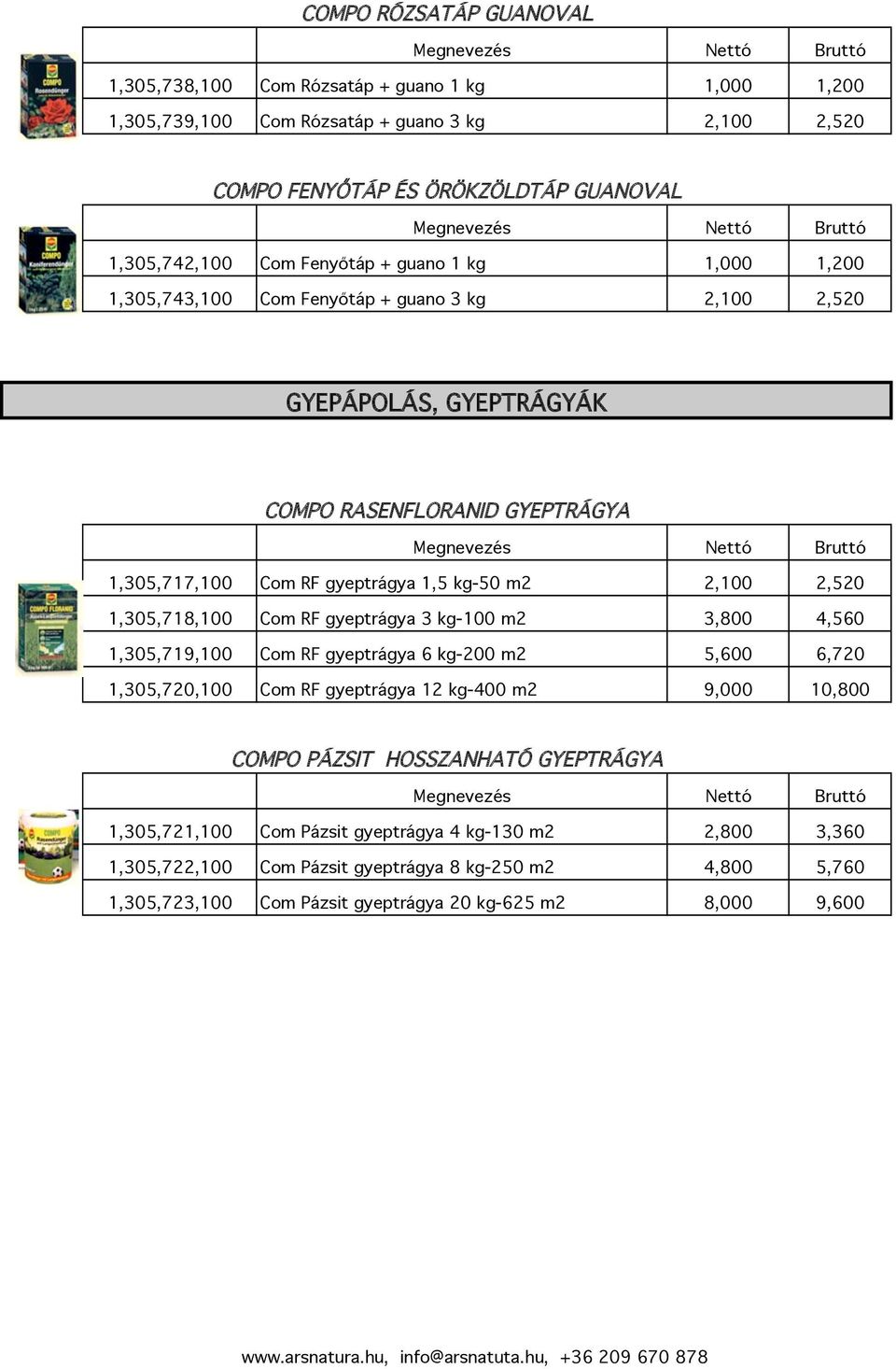 2,520 1,305,718,100 Com RF gyeptrágya 3 kg-100 m2 3,800 4,560 1,305,719,100 Com RF gyeptrágya 6 kg-200 m2 5,600 6,720 1,305,720,100 Com RF gyeptrágya 12 kg-400 m2 9,000 10,800 COMPO PÁZSIT