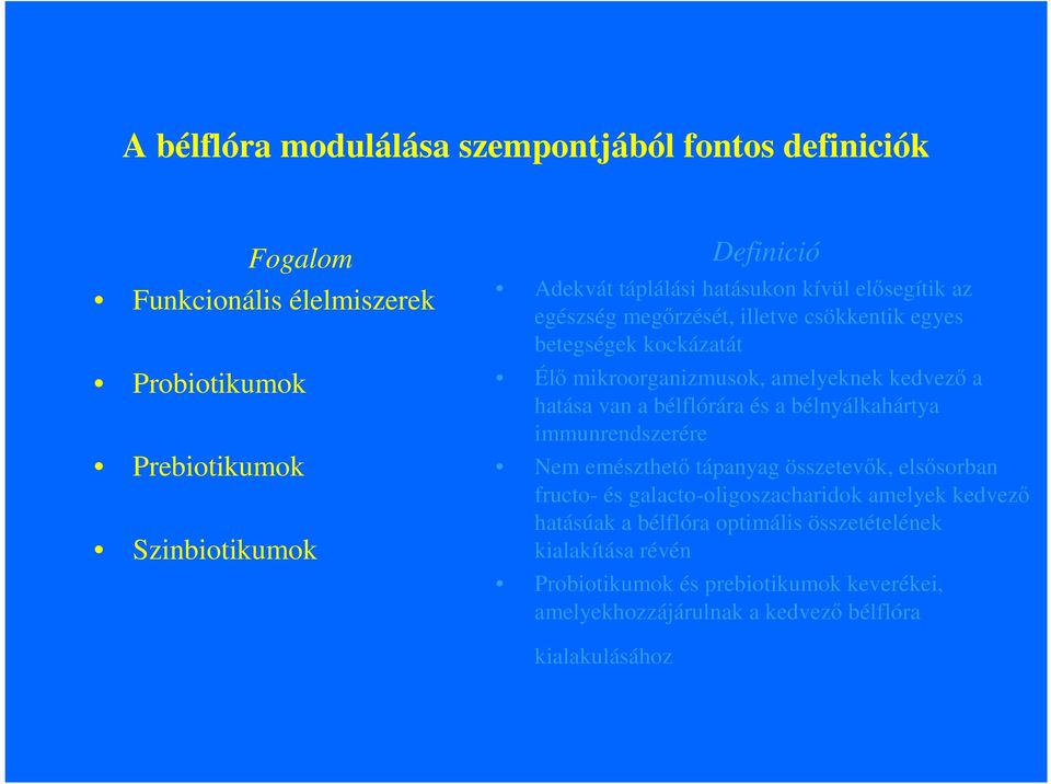 hatása van a bélflórára és a bélnyálkahártya immunrendszerére Nem emészthetı tápanyag összetevık, elsısorban fructo- és galacto-oligoszacharidok amelyek