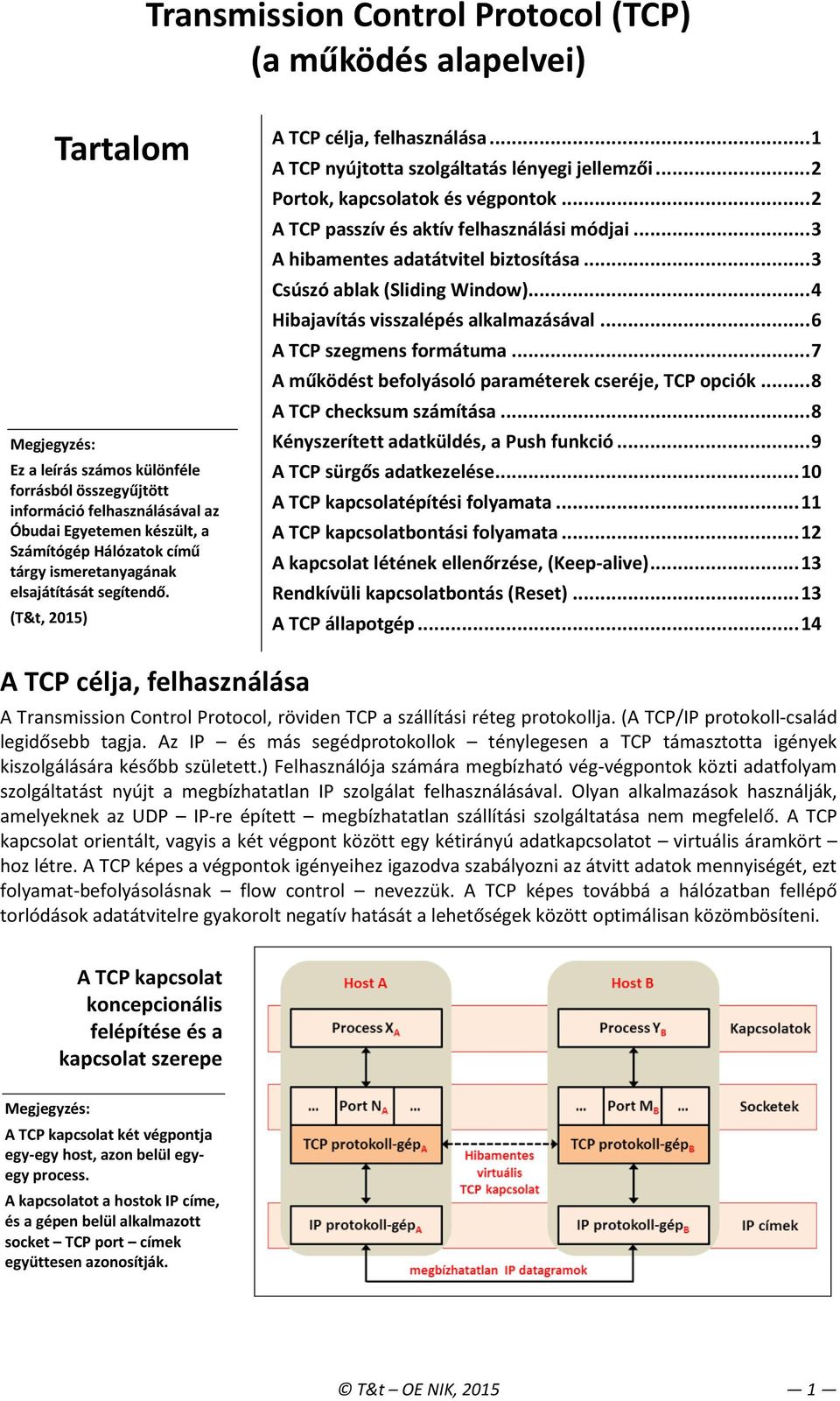 .. 2 A TCP passzív és aktív felhasználási módjai... 3 A hibamentes adatátvitel biztosítása... 3 Csúszó ablak (Sliding Window)... 4 Hibajavítás visszalépés alkalmazásával... 6 A TCP szegmens formátuma.