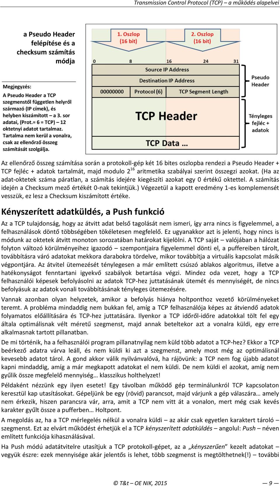 Az ellenőrző összeg számítása során a protokoll-gép két 16 bites oszlopba rendezi a Pseudo Header + TCP fejléc + adatok tartalmát, majd modulo 2 16 aritmetika szabályai szerint összegzi azokat.