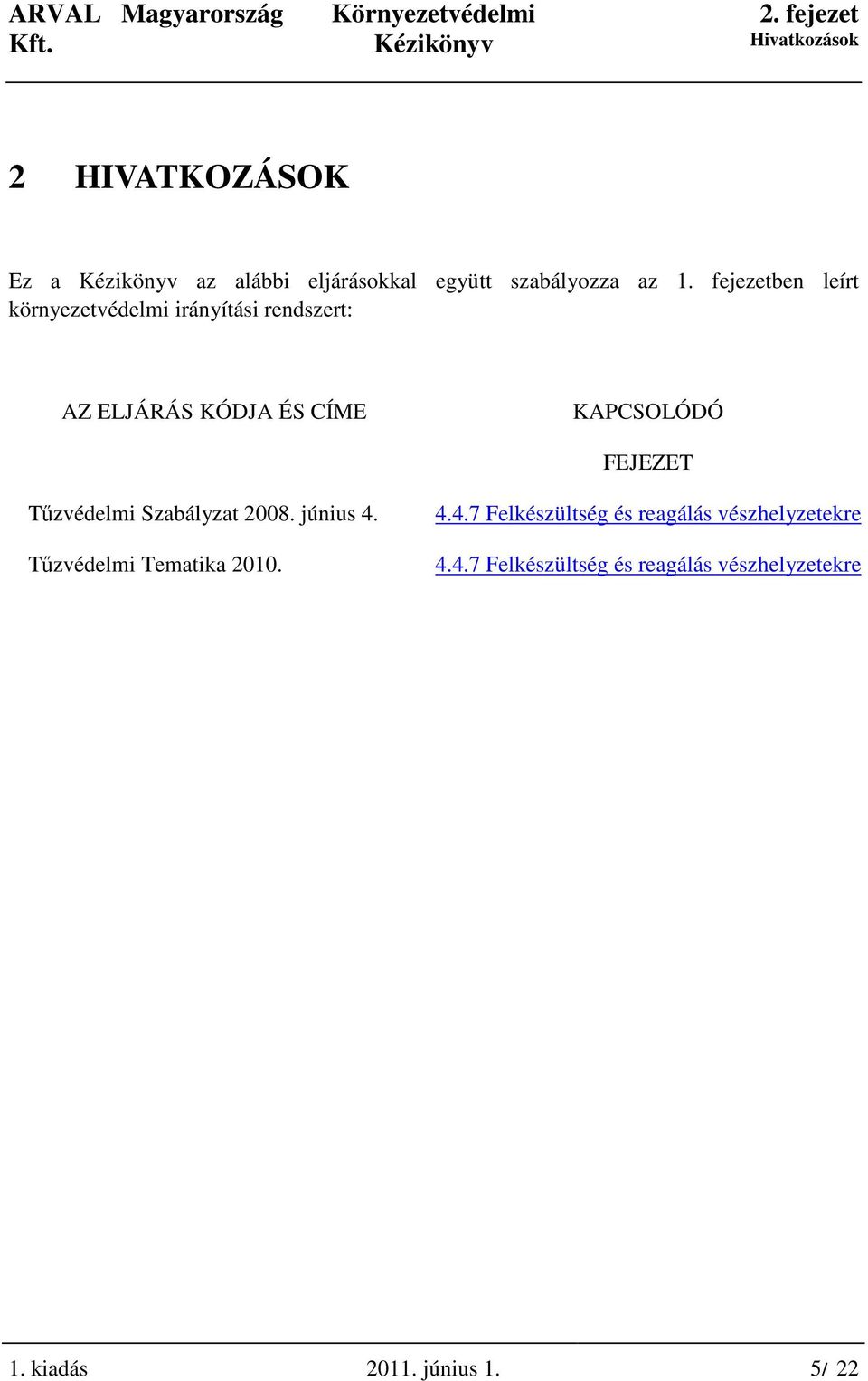 FEJEZET Tőzvédelmi Szabályzat 2008. június 4. Tőzvédelmi Tematika 2010. 4.4.7 Felkészültség és reagálás vészhelyzetekre 4.