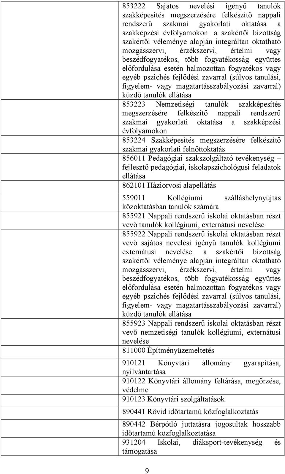 (súlyos tanulási, figyelem- vagy magatartásszabályozási zavarral) küzdő tanulók ellátása 853223 Nemzetiségi tanulók szakképesítés megszerzésére felkészítő nappali rendszerű szakmai gyakorlati