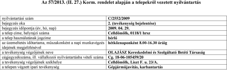 04. 29. Celldömölk, 0118/1 hrsz hétköznaponként 8.00-16.