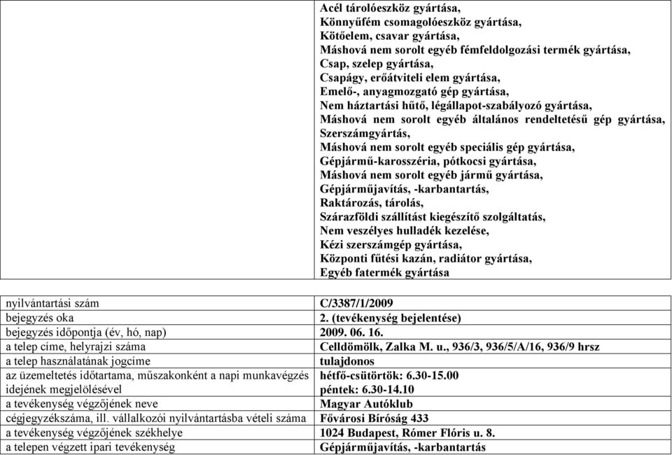 egyéb speciális gép gyártása, Gépjármű-karosszéria, pótkocsi gyártása, Máshová nem sorolt egyéb jármű gyártása, Gépjárműjavítás, -karbantartás, Raktározás, tárolás, Szárazföldi szállítást kiegészítő