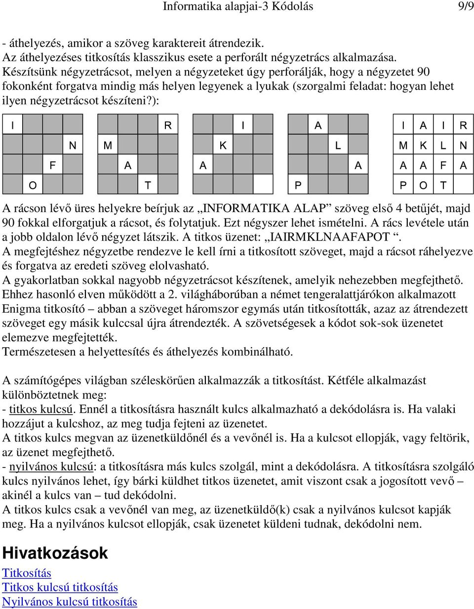 készíteni?): A rácson lévı üres helyekre beírjuk az INFORMATIKA ALAP szöveg elsı 4 betőjét, majd 90 fokkal elforgatjuk a rácsot, és folytatjuk. Ezt négyszer lehet ismételni.