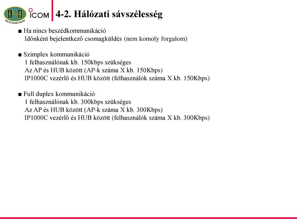 150Kbps) IP1000C vezérlő és HUB között (felhasználók száma X kb.