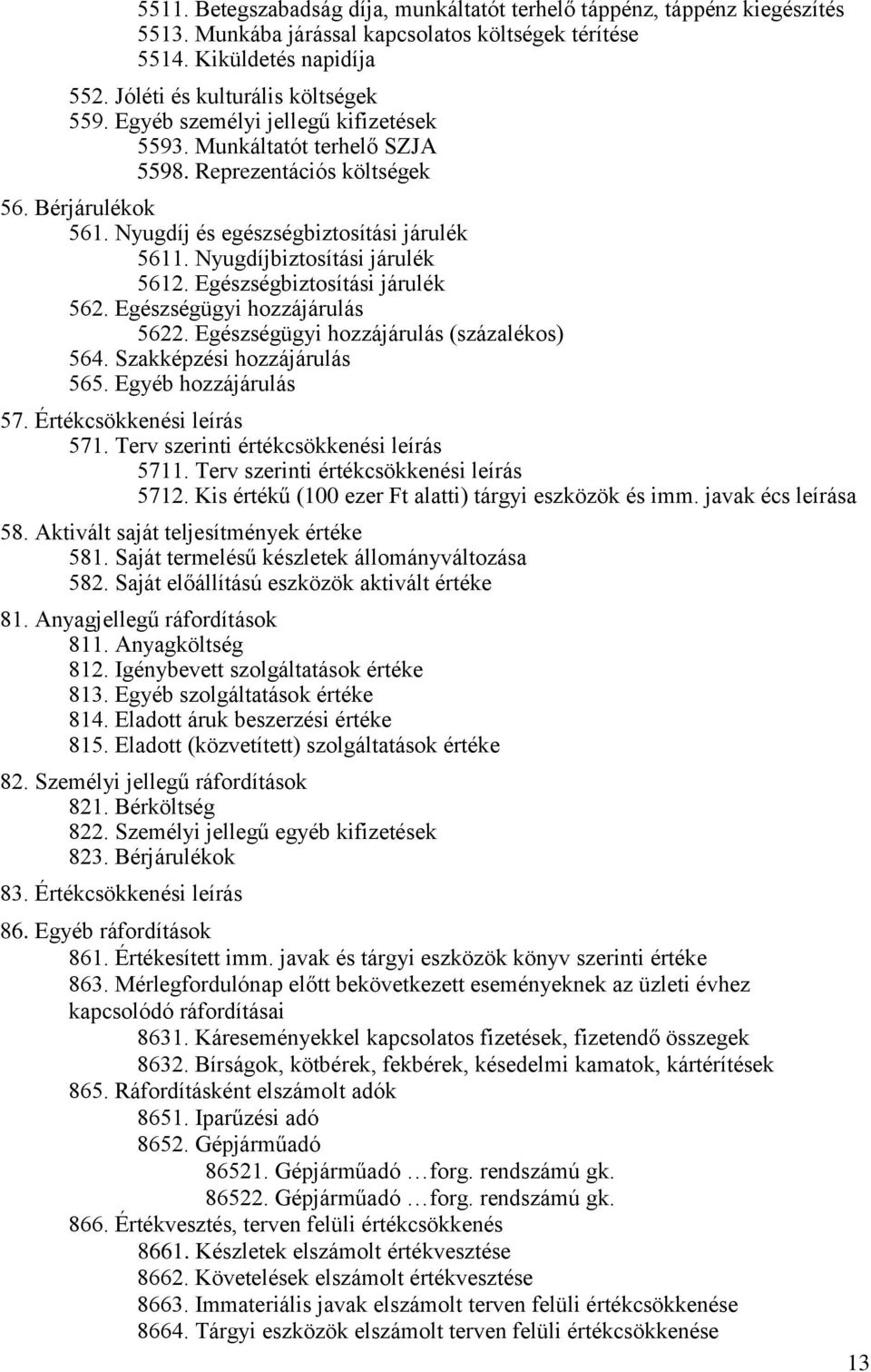 Egészségbiztosítási járulék 562. Egészségügyi hozzájárulás 5622. Egészségügyi hozzájárulás (százalékos) 564. Szakképzési hozzájárulás 565. Egyéb hozzájárulás 57. Értékcsökkenési leírás 571.