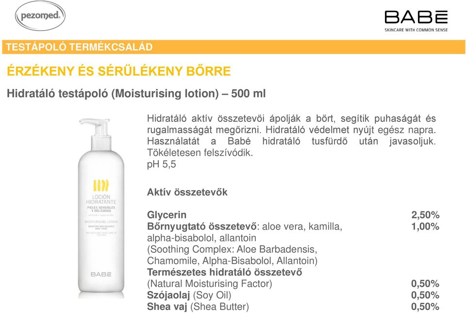 ph 5,5 Aktív összetevők Glycerin 2,50% Bőrnyugtató összetevő: aloe vera, kamilla, 1,00% alpha-bisabolol, allantoin (Soothing Complex: Aloe Barbadensis,