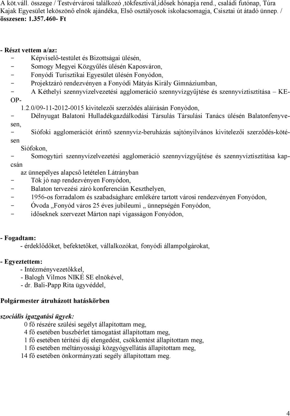 6 Ft Részt vettem a/az: Képviselőtestület és Bizottságai ülésén, Somogy Megyei Közgyűlés ülésén Kaposváron, Fonyódi Turisztikai Egyesület ülésén Fonyódon, Projektzáró rendezvényen a Fonyódi Mátyás