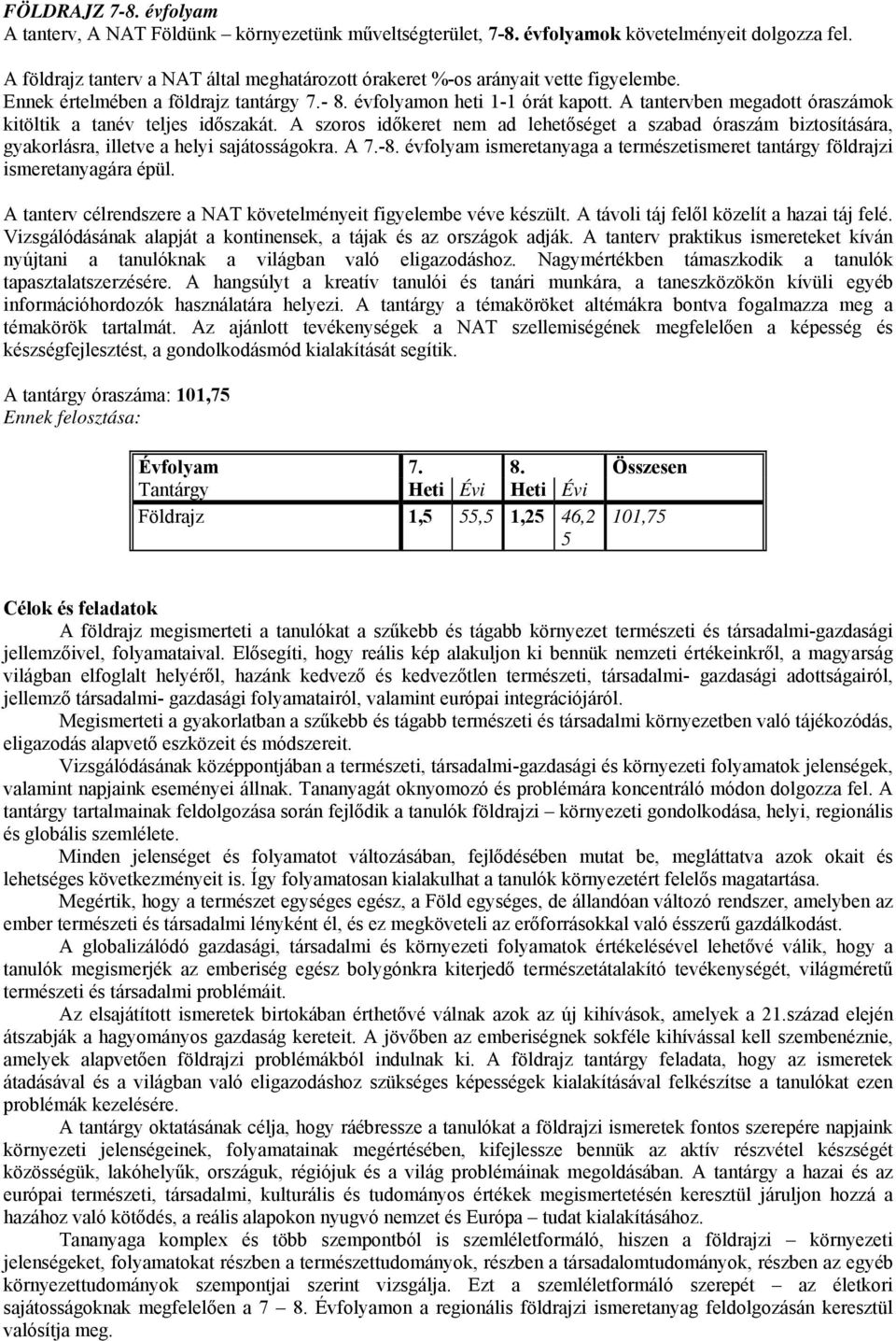 A tantervben megadott óraszámok kitöltik a tanév teljes időszakát. A szoros időkeret nem ad lehetőséget a szabad óraszám biztosítására, gyakorlásra, illetve a helyi sajátosságokra. A 7.-8.