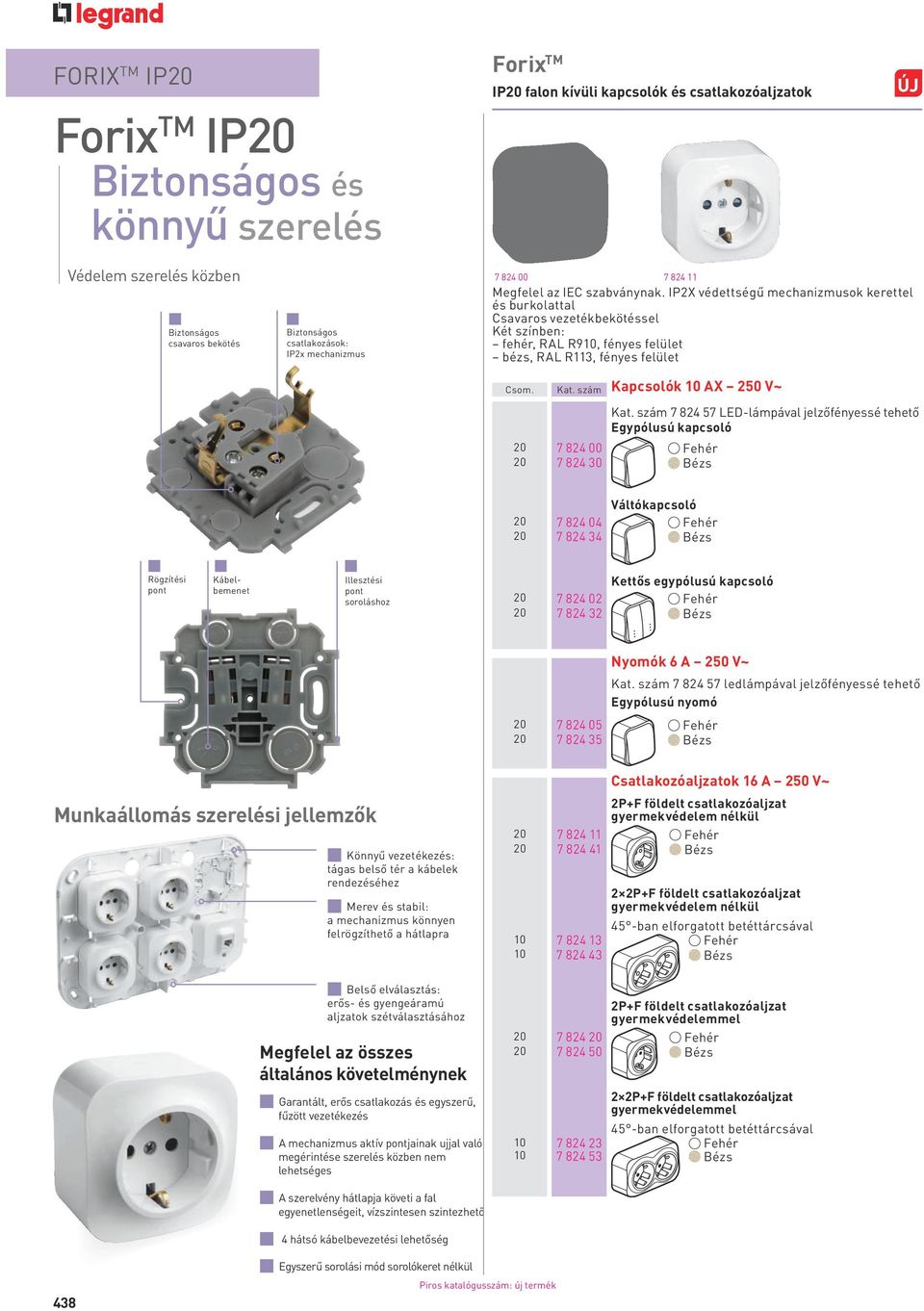 IP2X védettségű mechanizmusok kerettel és burkolattal Csavaros vezetékbekötéssel Két színben: fehér, RAL R910, fényes felület bézs, RAL R113, fényes felület Csom. Kat. szám Kapcsolók 10 AX 250 V~ Kat.