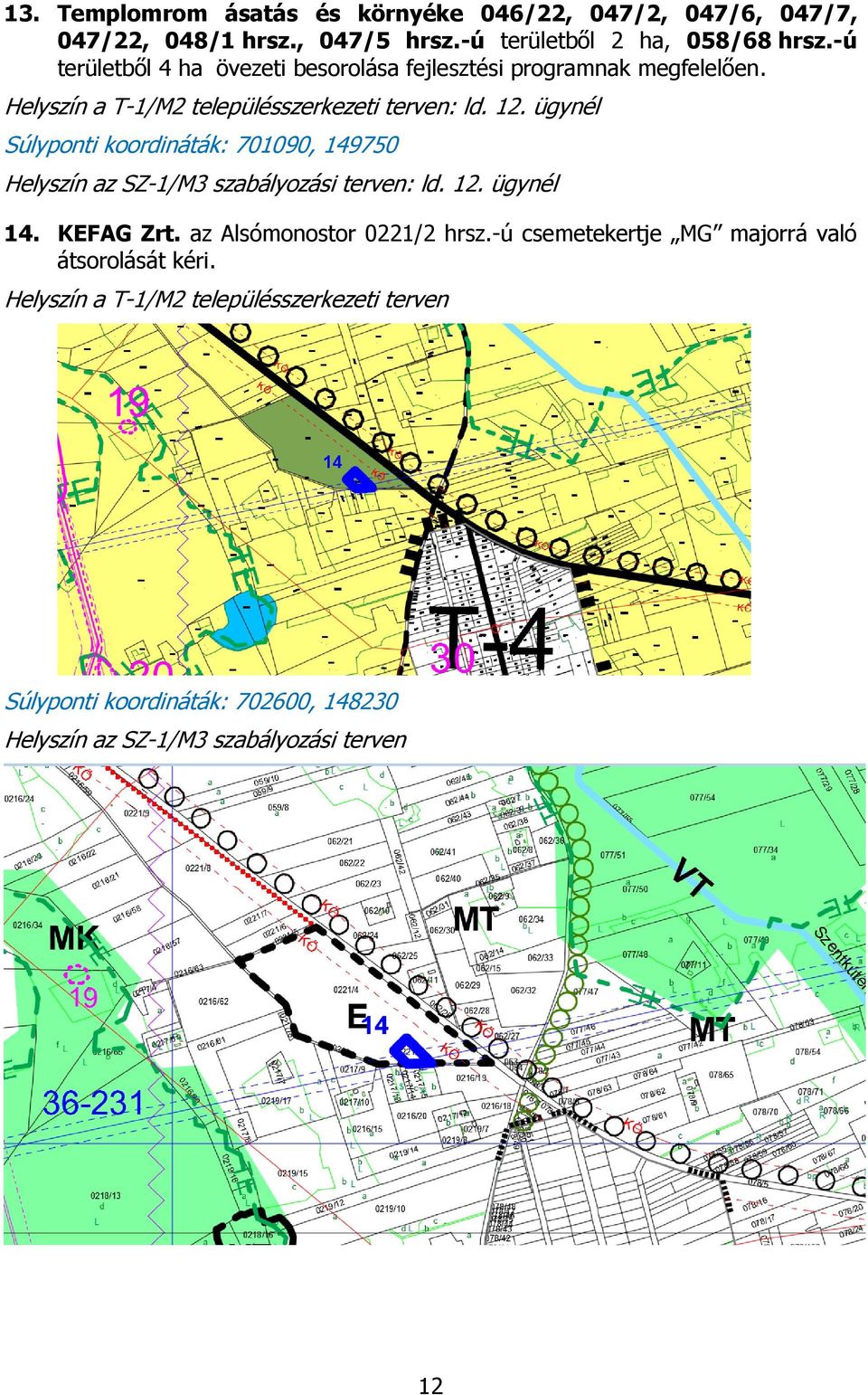 ügynél Súlyponti koordináták: 701090, 149750 Helyszín az SZ-1/M3 szabályozási terven: ld. 12. ügynél 14. KEFAG Zrt. az Alsómonostor 0221/2 hrsz.