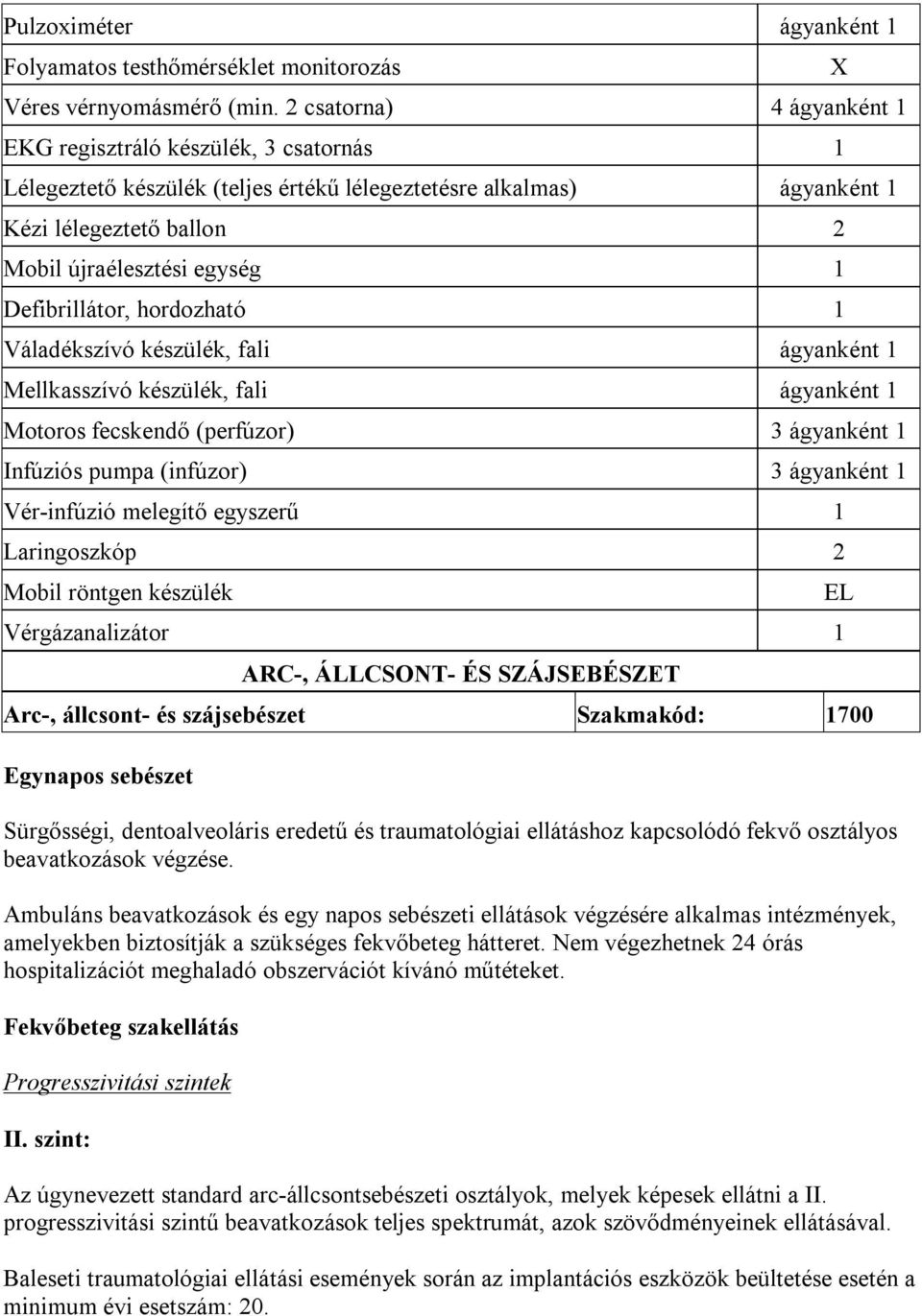 Defibrillátor, hordozható 1 Váladékszívó készülék, fali ágyanként 1 Mellkasszívó készülék, fali ágyanként 1 Motoros fecskendő (perfúzor) 3 ágyanként 1 Infúziós pumpa (infúzor) 3 ágyanként 1