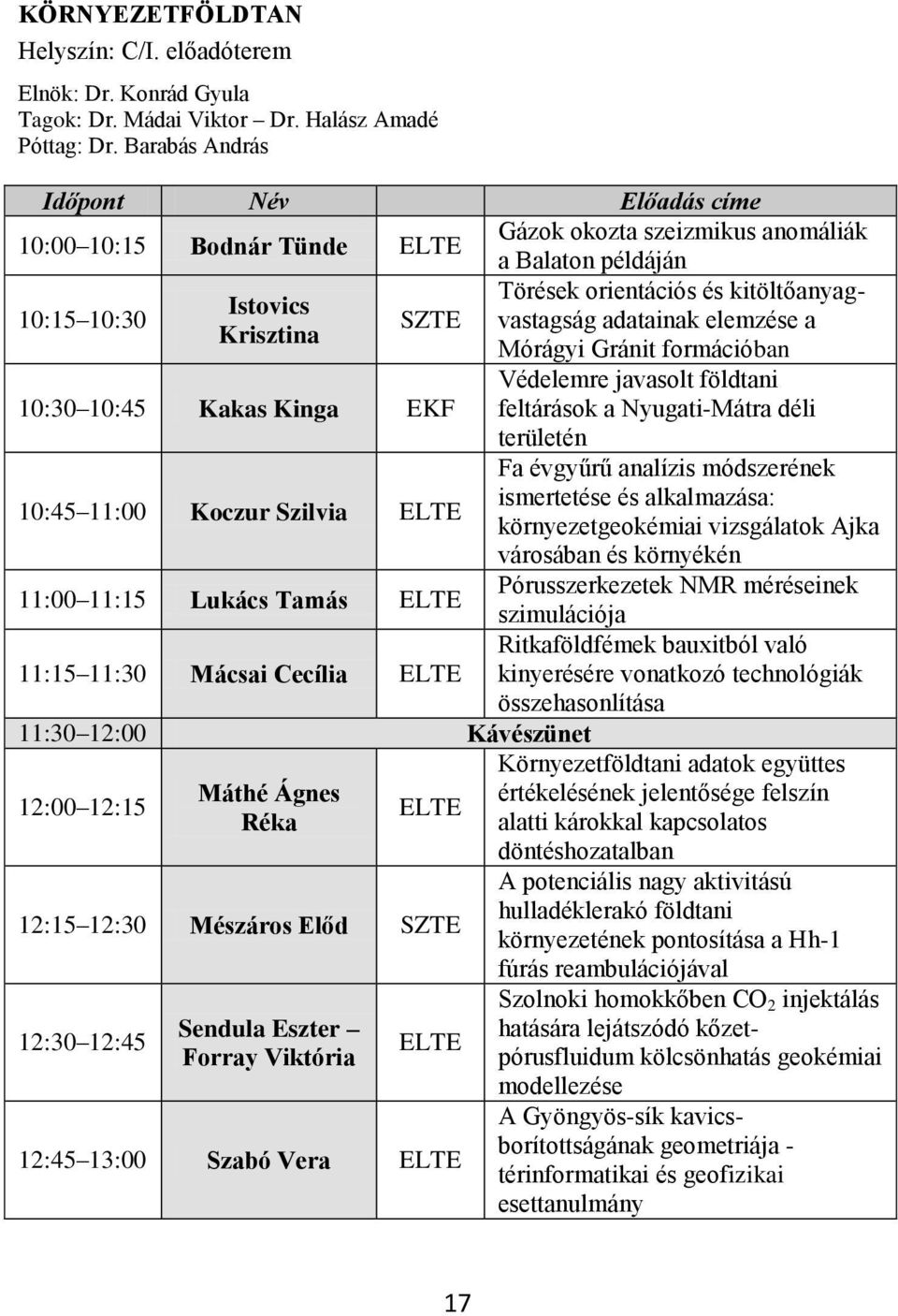 Mórágyi Gránit formációban 10:30 10:45 Kakas Kinga EKF Védelemre javasolt földtani feltárások a Nyugati-Mátra déli területén 10:45 11:00 Koczur Szilvia ELTE Fa évgyűrű analízis módszerének