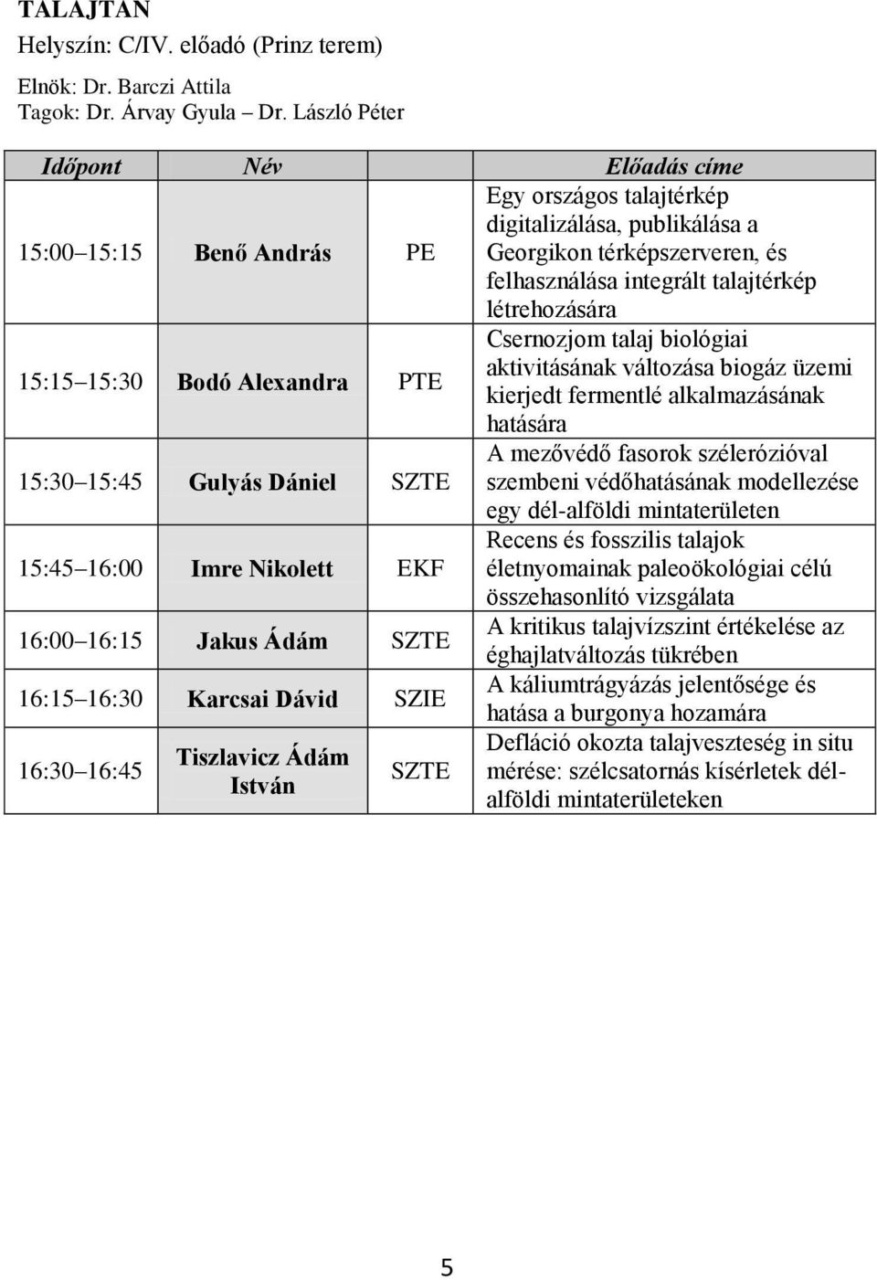 Alexandra PTE Csernozjom talaj biológiai aktivitásának változása biogáz üzemi kierjedt fermentlé alkalmazásának hatására 15:30 15:45 Gulyás Dániel SZTE A mezővédő fasorok szélerózióval szembeni