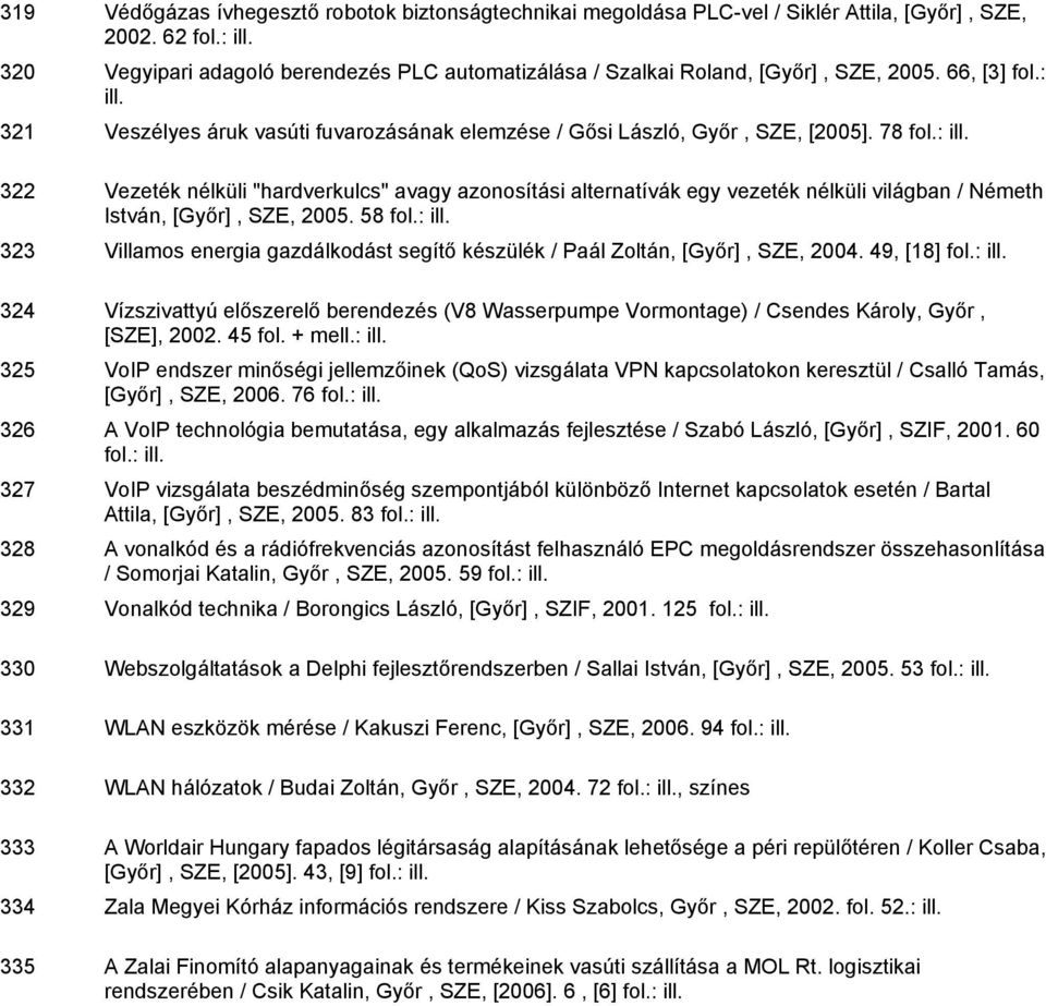 78 322 Vezeték nélküli "hardverkulcs" avagy azonosítási alternatívák egy vezeték nélküli világban / Németh István, [Győr], SZE, 2005.