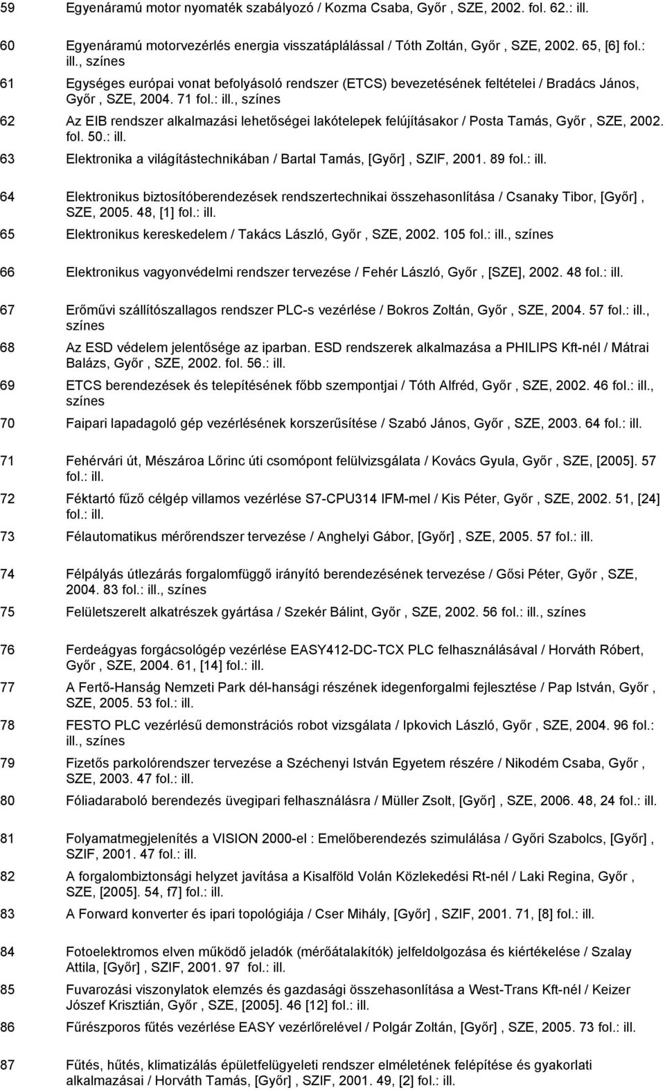 71, színes 62 Az EIB rendszer alkalmazási lehetőségei lakótelepek felújításakor / Posta Tamás, Győr, SZE, 2002. fol. 50.: 63 Elektronika a világítástechnikában / Bartal Tamás, [Győr], SZIF, 2001.