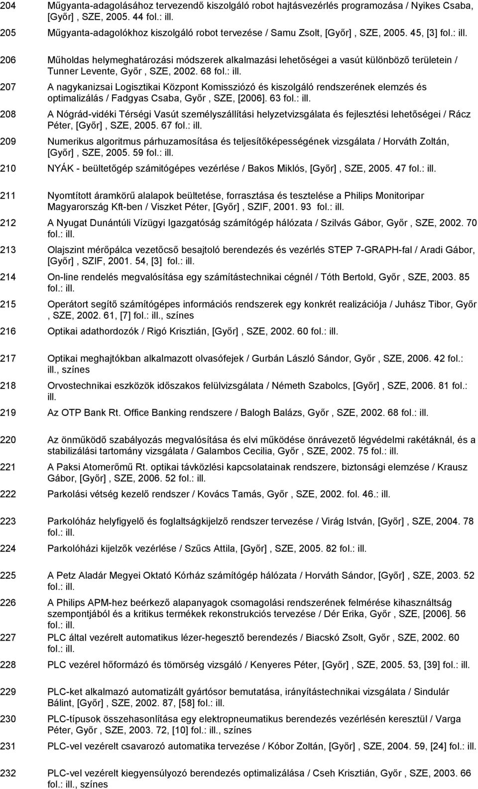45, [3] 206 Műholdas helymeghatározási módszerek alkalmazási lehetőségei a vasút különböző területein / Tunner Levente, Győr, SZE, 2002.