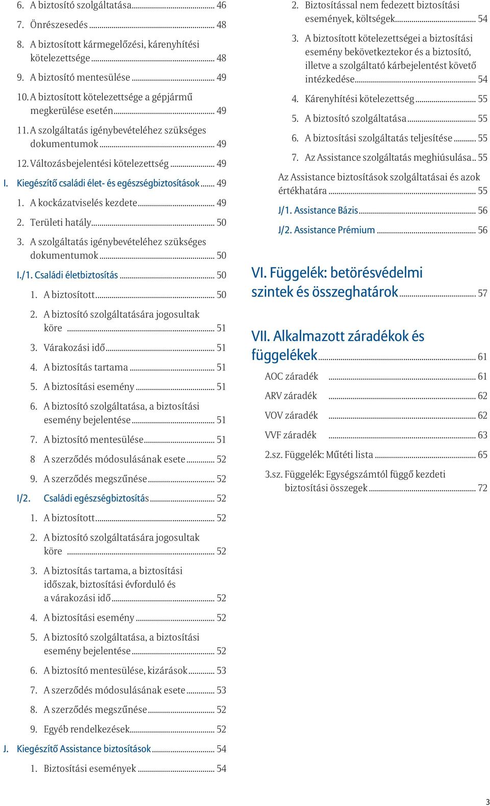 Kiegészítő családi élet- és egészségbiztosítások... 49.. 1. A kockázatviselés kezdete... 49.. 2. Területi hatály... 50.. 3...A szolgáltatás igénybevételéhez szükséges dokumentumok... 50.. I./1.