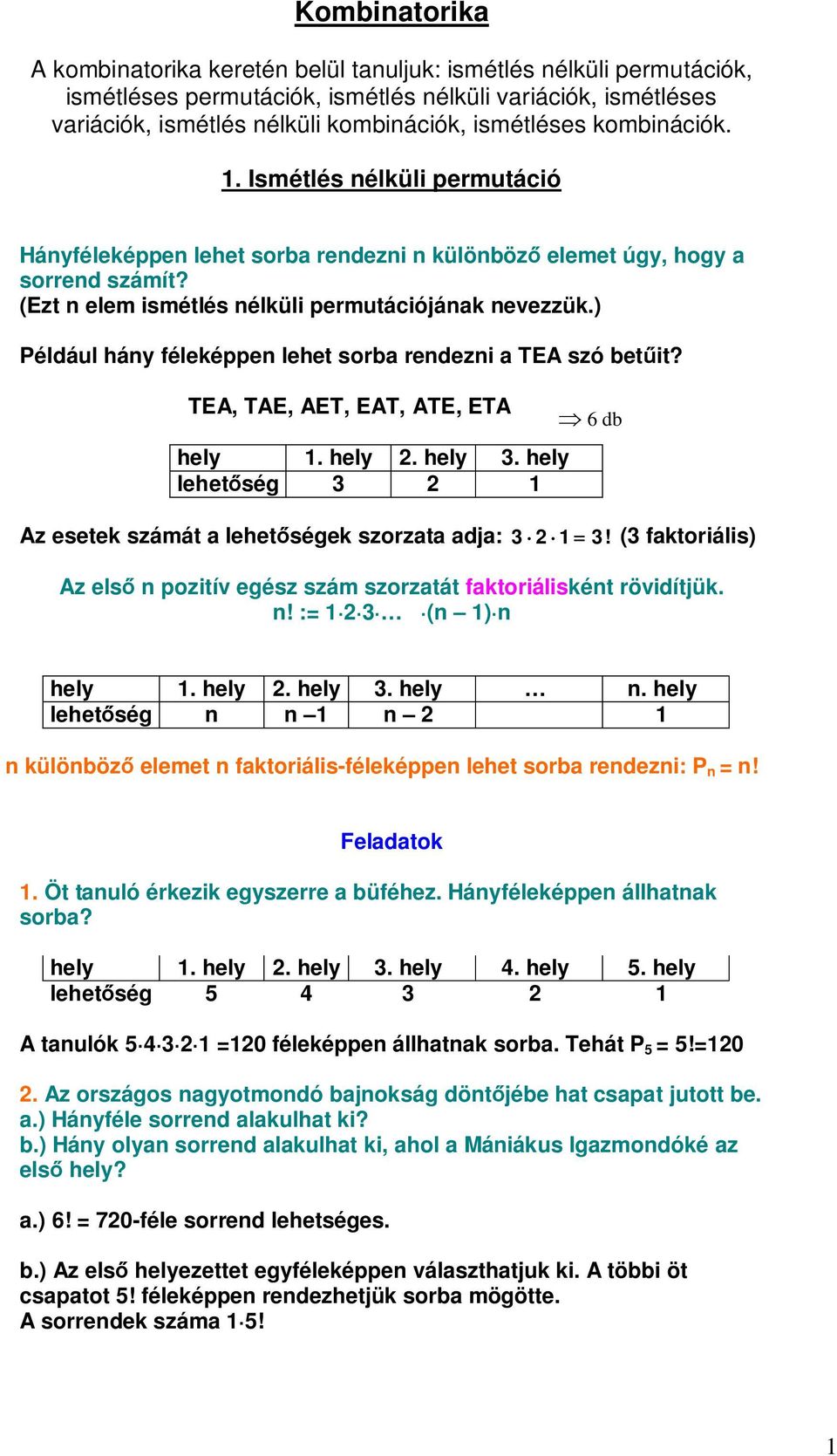 ) Például hány féleképpen lehet sorba rendezni a TEA szó betit? TEA, TAE, AET, EAT, ATE, ETA hely 1. hely. hely 3. hely lehetség 3 1 6 db Az esetek számát a lehetségek szorzata adja: 31 3!