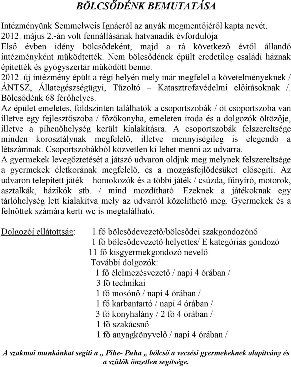 Nem bölcsődének épült eredetileg családi háznak építették és gyógyszertár működött benne. 2012.