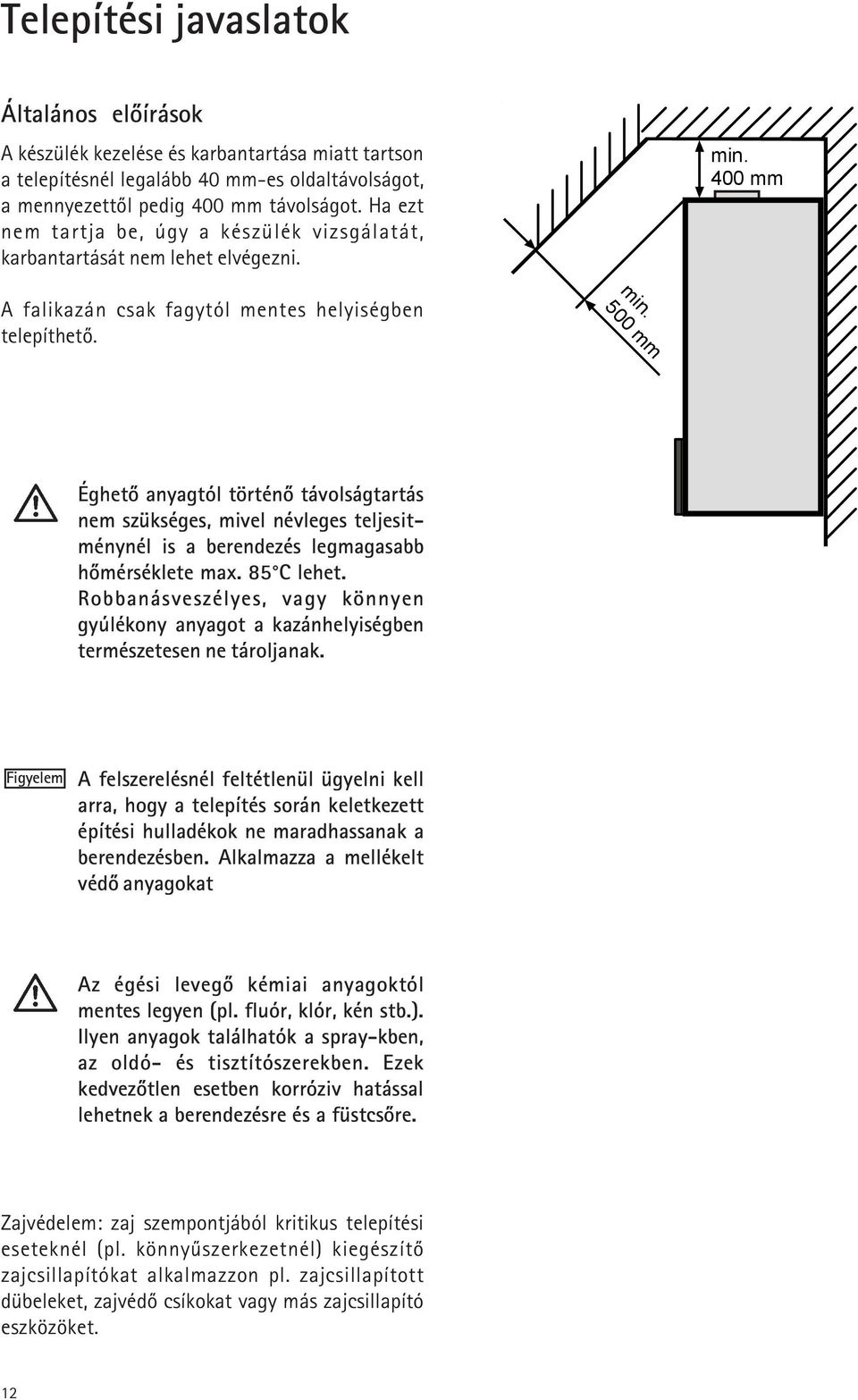 400 mm A falikazán csak fagytól mentes helyiségben telepíthetõ. min.