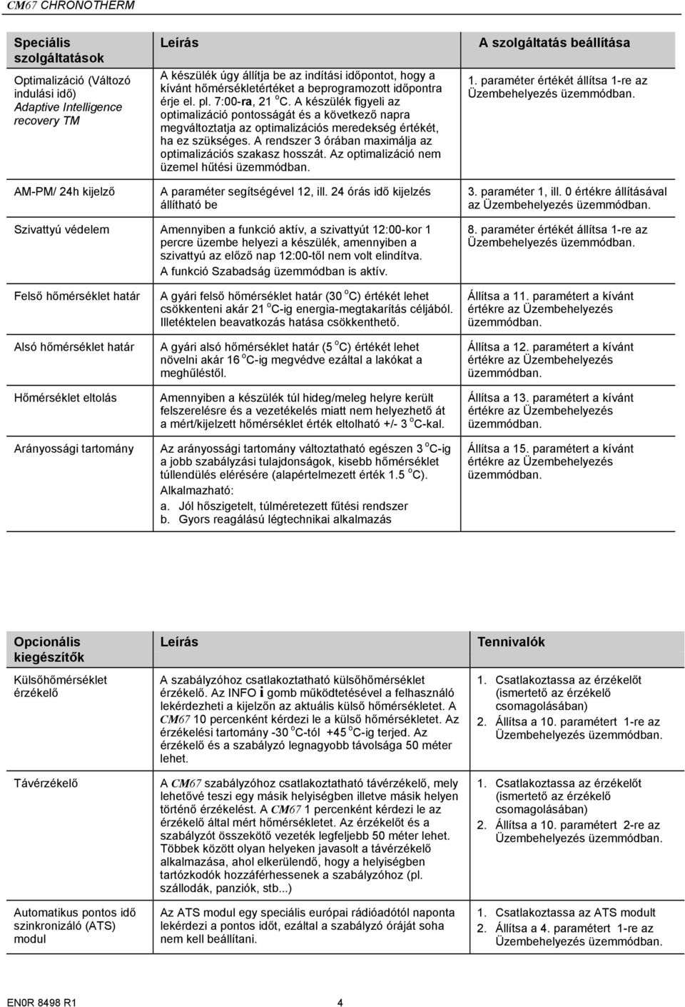 A rendszer 3 órában maximálja az optimalizációs szakasz hosszát. Az optimalizáció nem üzemel hűtési A paraméter segítségével, ill. 4 órás idő kijelzés állítható be A szolgáltatás beállítása.