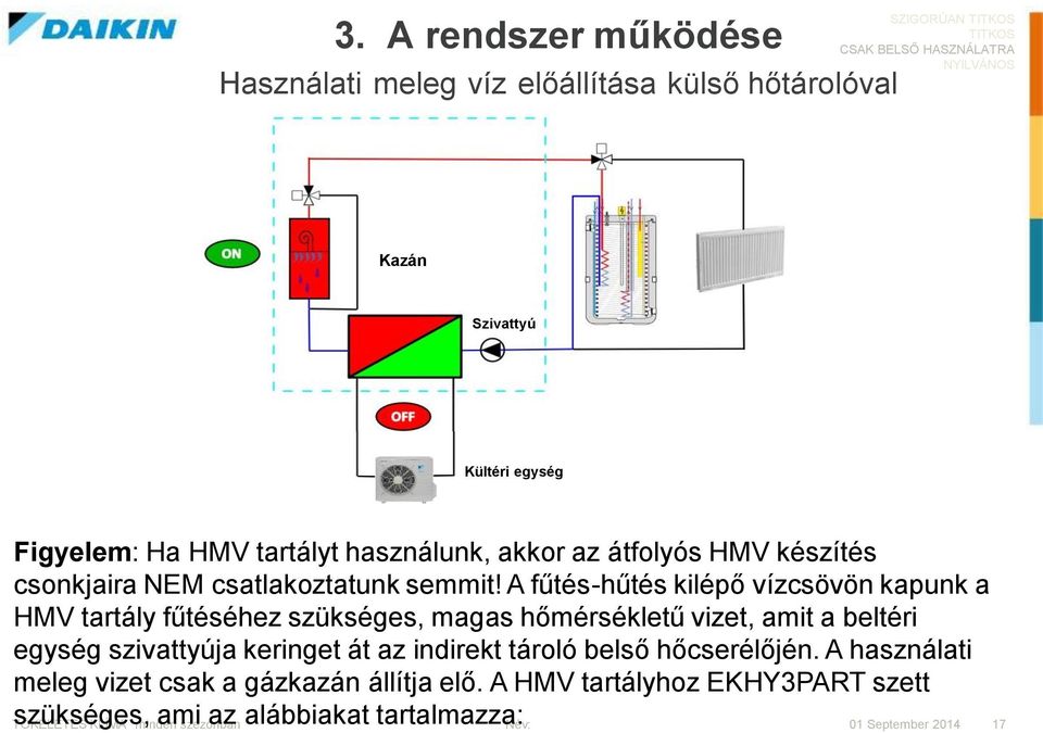 A fűtés-hűtés kilépő vízcsövön kapunk a HMV tartály fűtéséhez szükséges, magas hőmérsékletű vizet, amit a beltéri egység szivattyúja