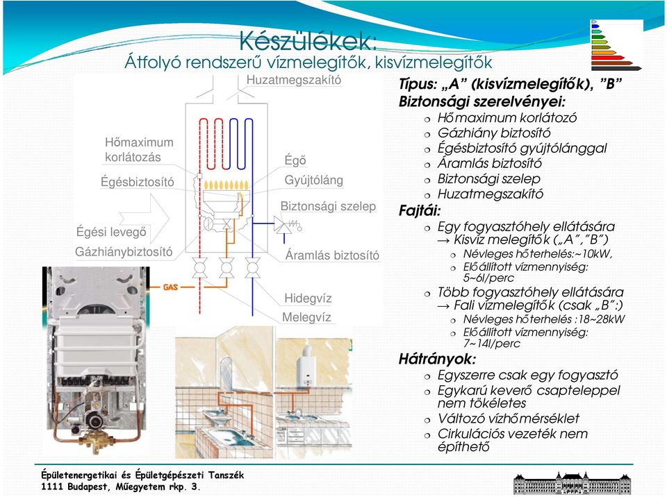 Fajtái: Egy fogyasztóhely ellátására Kisvíz melegítık ( A, B ) Névleges hıterhelés:~10kw, Elıállított vízmennyiség: 5~6l/perc Több fogyasztóhely ellátására Fali vízmelegítık (csak B :) Névleges