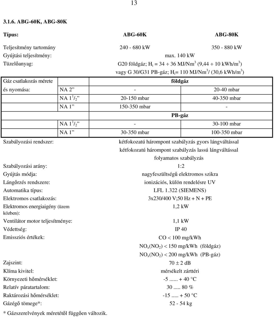 Szabályozási rendszer: NA 1 1 / 2 20-150 mbar 40-350 mbar NA 1 150-350 mbar - PB-gáz NA 1 1 / 2-30-100 mbar NA 1 30-350 mbar 100-350 mbar kétfokozatú hárompont szabályzás gyors lángváltással