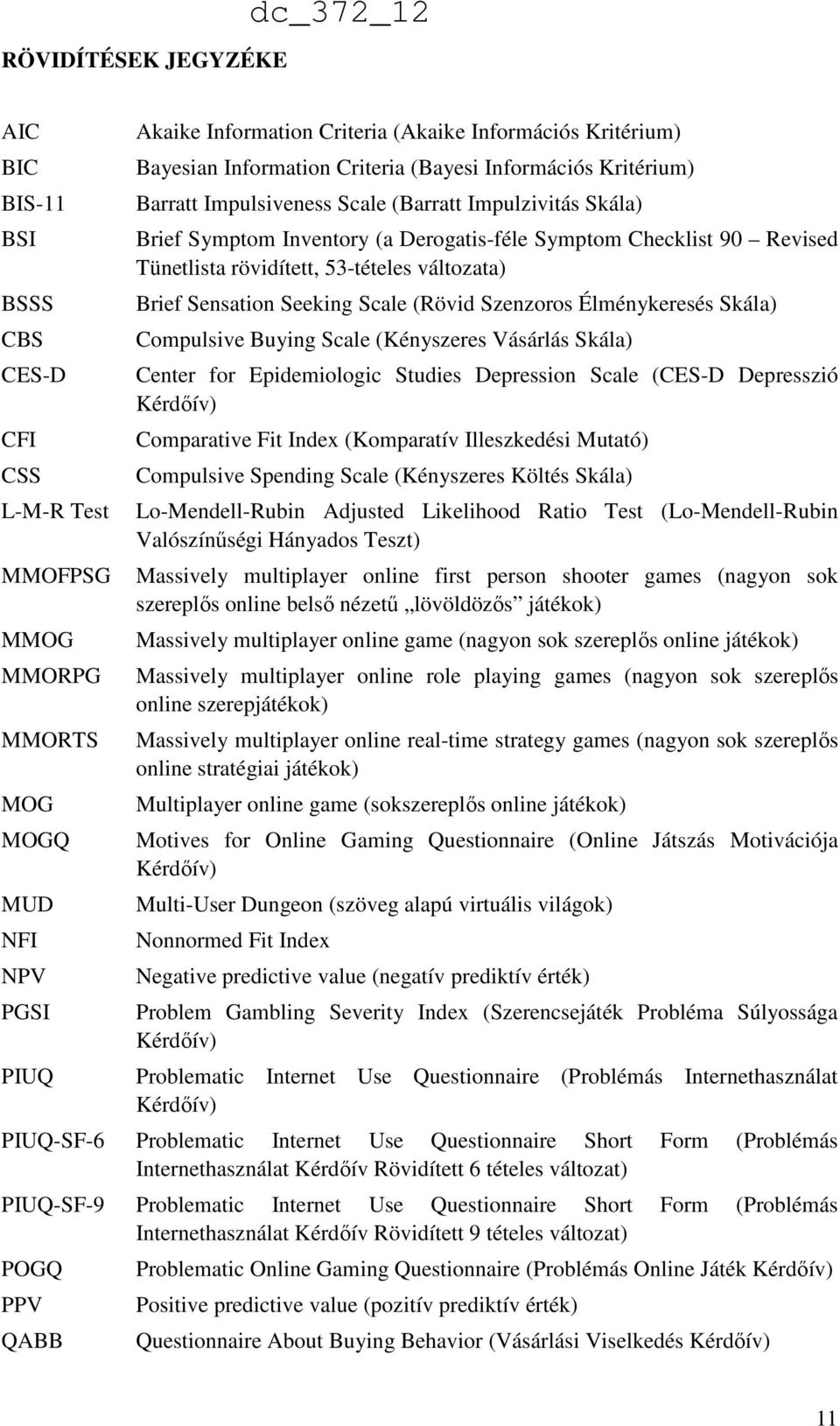 Tünetlista rövidített, 53-tételes változata) Brief Sensation Seeking Scale (Rövid Szenzoros Élménykeresés Skála) Compulsive Buying Scale (Kényszeres Vásárlás Skála) Center for Epidemiologic Studies