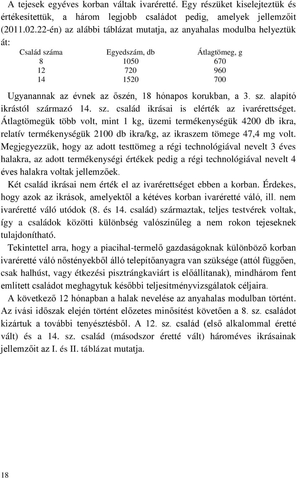 sz. alapító ikrástól származó 14. sz. család ikrásai is elérték az ivarérettséget.