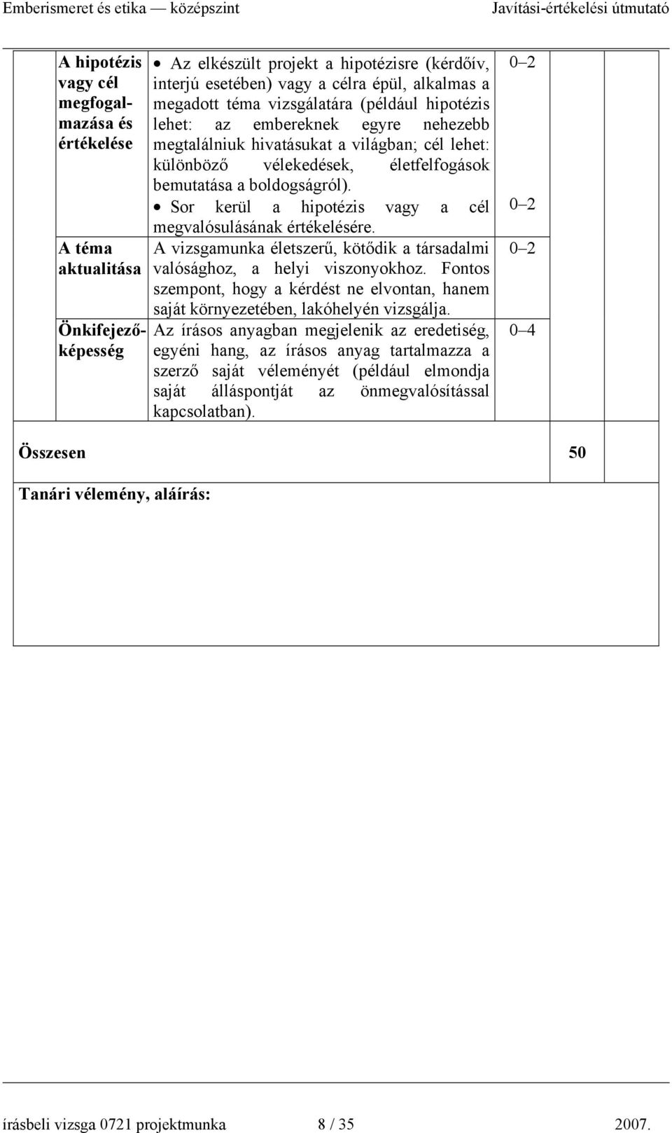 boldogságról). Sor kerül a hipotézis vagy a cél megvalósulásának értékelésére. A vizsgamunka életszerű, kötődik a társadalmi valósághoz, a helyi viszonyokhoz.