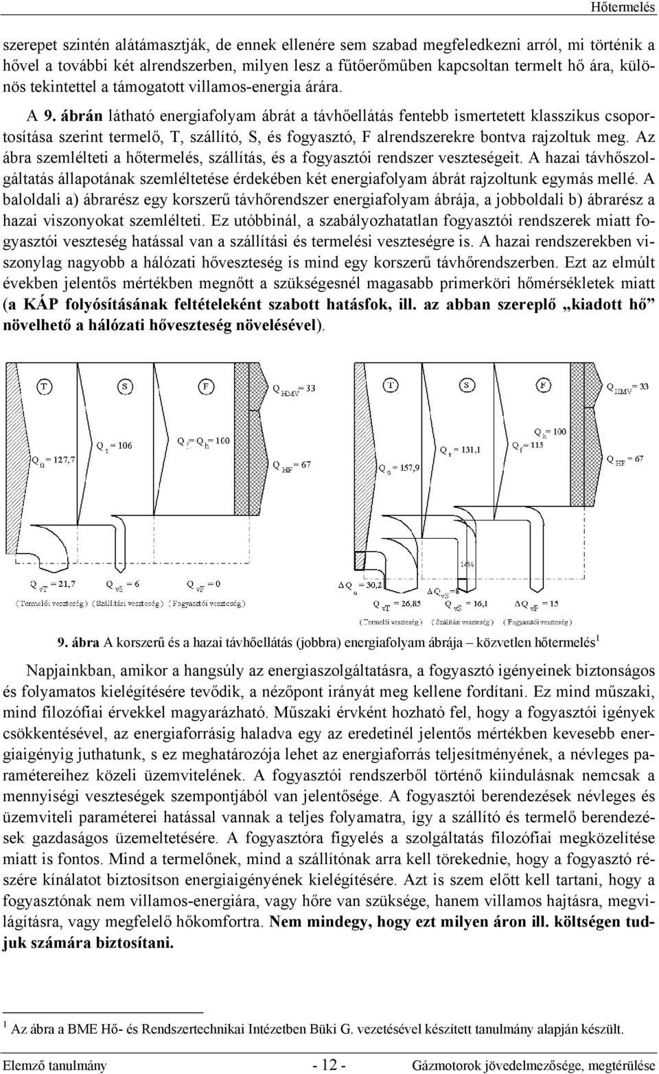 ábrán látható energiafolyam ábrát a távhőellátás fentebb ismertetett klasszikus csoportosítása szerint termelő, T, szállító, S, és fogyasztó, F alrendszerekre bontva rajzoltuk meg.