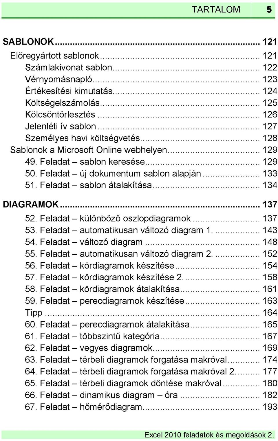 Feladat sablon átalakítása... 134 DIAGRAMOK... 137 52. Feladat különböző oszlopdiagramok... 137 53. Feladat automatikusan változó diagram 1.... 143 54. Feladat változó diagram... 148 55.
