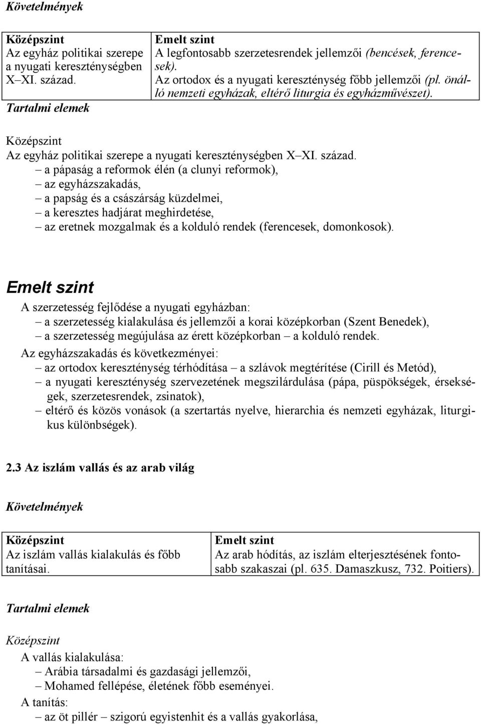 a pápaság a reformok élén (a clunyi reformok), az egyházszakadás, a papság és a császárság küzdelmei, a keresztes hadjárat meghirdetése, az eretnek mozgalmak és a kolduló rendek (ferencesek,