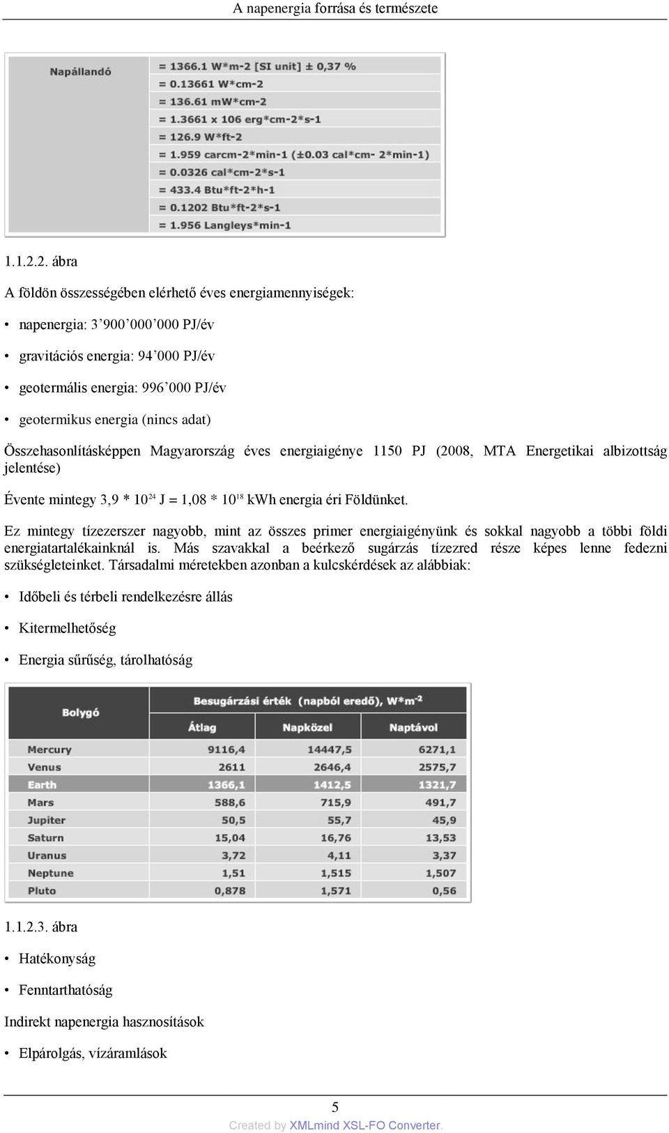 Összehasonlításképpen Magyarország éves energiaigénye 1150 PJ (2008, MTA Energetikai albizottság jelentése) Évente mintegy 3,9 * 10 24 J = 1,08 * 10 18 kwh energia éri Földünket.