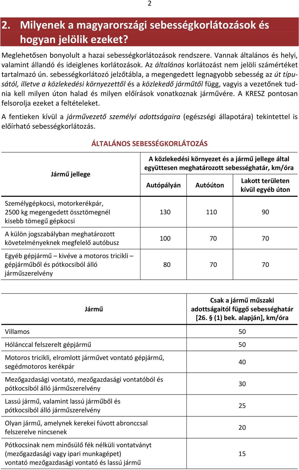 sebességkorlátozó jelzőtábla, a megengedett legnagyobb sebesség az út típusától, illetve a közlekedési környezettől és a közlekedő járműtől függ, vagyis a vezetőnek tudnia kell milyen úton halad és