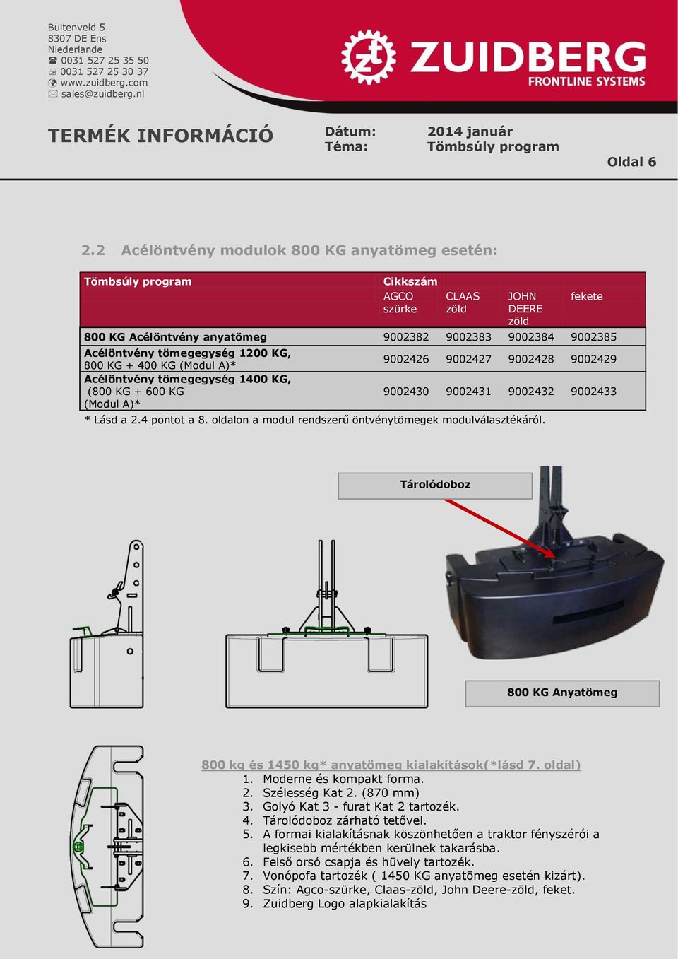 KG, (800 KG + 600 KG (Modul A)* 9002426 9002427 9002428 9002429 9002430 9002431 9002432 9002433 * Lásd a 2.4 pontot a 8. oldalon a modul rendszerű öntvénytömegek modulválasztékáról.