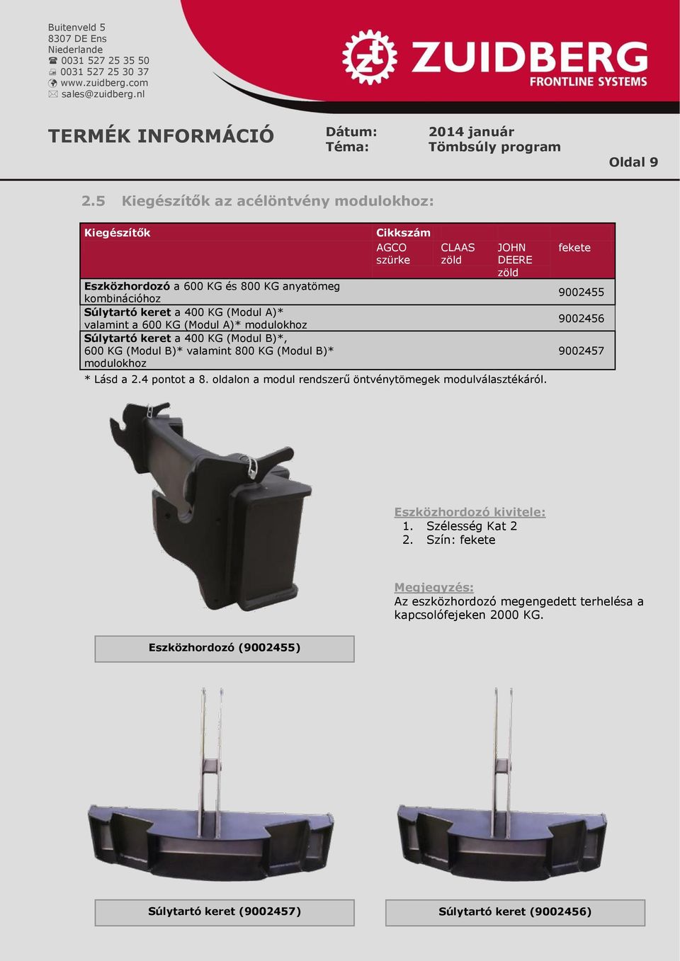 a 600 KG (Modul A)* modulokhoz Súlytartó keret a 400 KG (Modul B)*, 600 KG (Modul B)* valamint 800 KG (Modul B)* modulokhoz * Lásd a 2.4 pontot a 8.