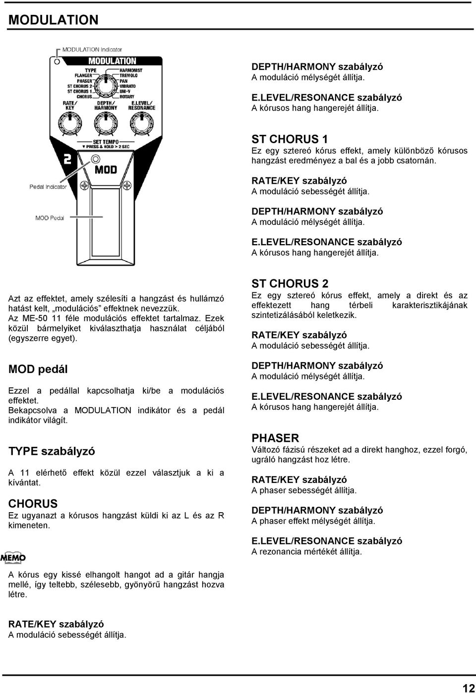 DEPTH/HARMONY szabályzó A moduláció mélységét állítja. E.LEVEL/RESONANCE szabályzó A kórusos hang hangerejét állítja.