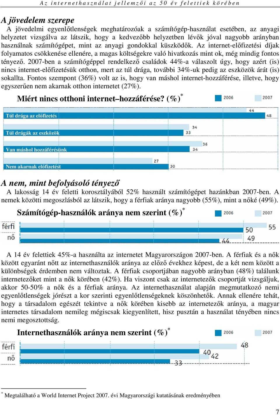 2007-ben a számítógéppel rendelkezı családok 44%-a válaszolt úgy, hogy azért (is) nincs internet-elıfizetésük otthon, mert az túl drága, további 34%-uk pedig az eszközök árát (is) sokallta.