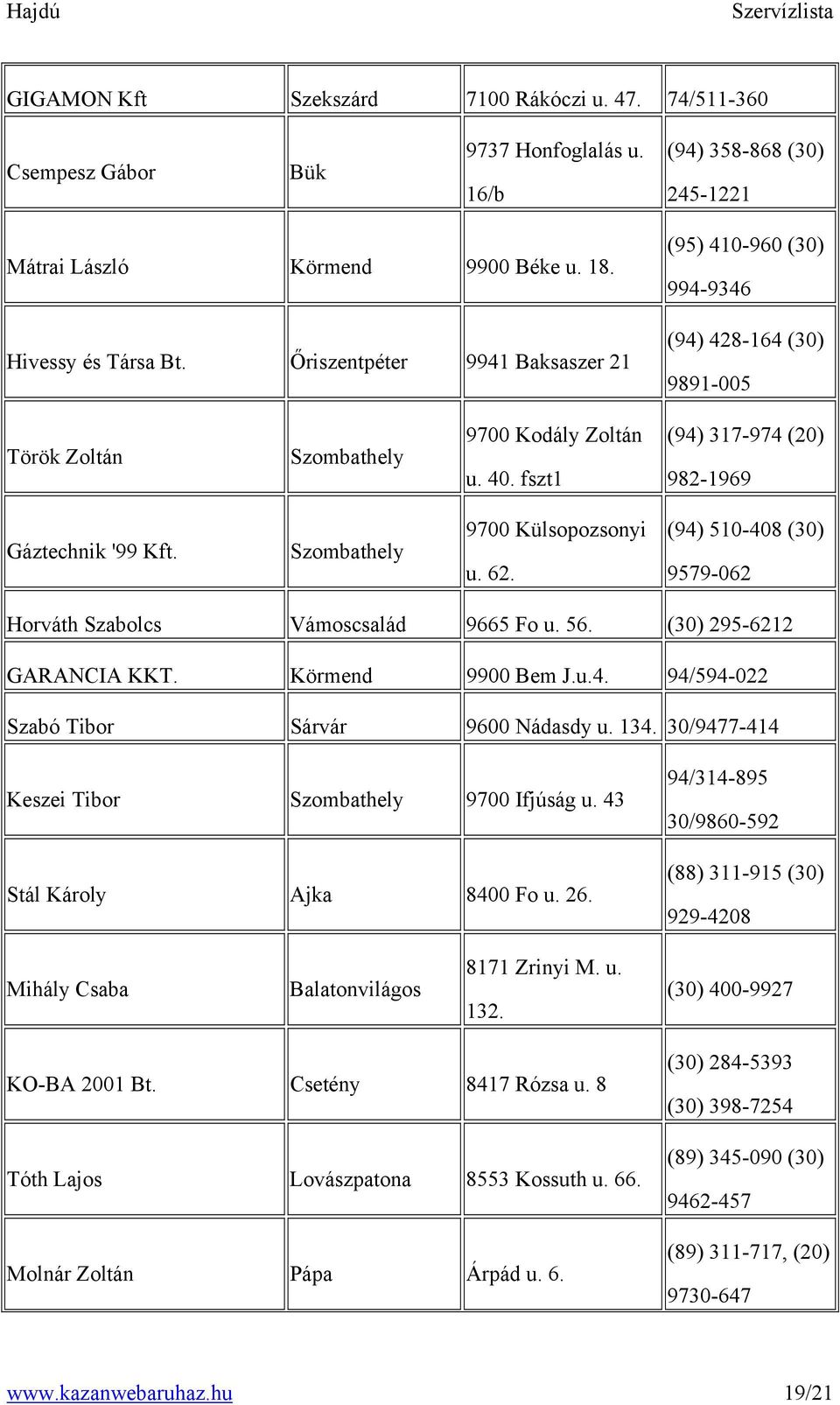 Szombathely 9700 Külsopozsonyi u. 62. (94) 510-408 (30) 9579-062 Horváth Szabolcs Vámoscsalád 9665 Fo u. 56. (30) 295-6212 GARANCIA KKT. Körmend 9900 Bem J.u.4. 94/594-022 Szabó Tibor Sárvár 9600 Nádasdy u.