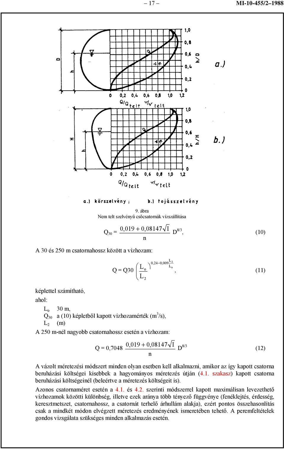 o 30 m, Q 30 a (10) képletből kapott vízhozamérték (m 3 /s), (m) L 2 A 250 m-nél nagyobb csatornahossz esetén a vízhozam:, (11) Q = 0,7048 0,019 + 0,08147 n I D 8/3 (12) A vázolt méretezési módszert