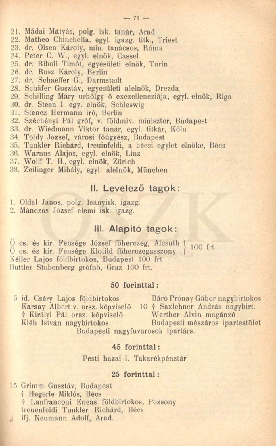 Stencz Hermann iró, Berlin 32. Széchényi Pál gróf, v. földmiv. miniszter, Budapest 33. dr. Wiedmann Viktor tanár, egyl. titkár, Köln 34. Toldy József, városi főügyész, Budapest 35.