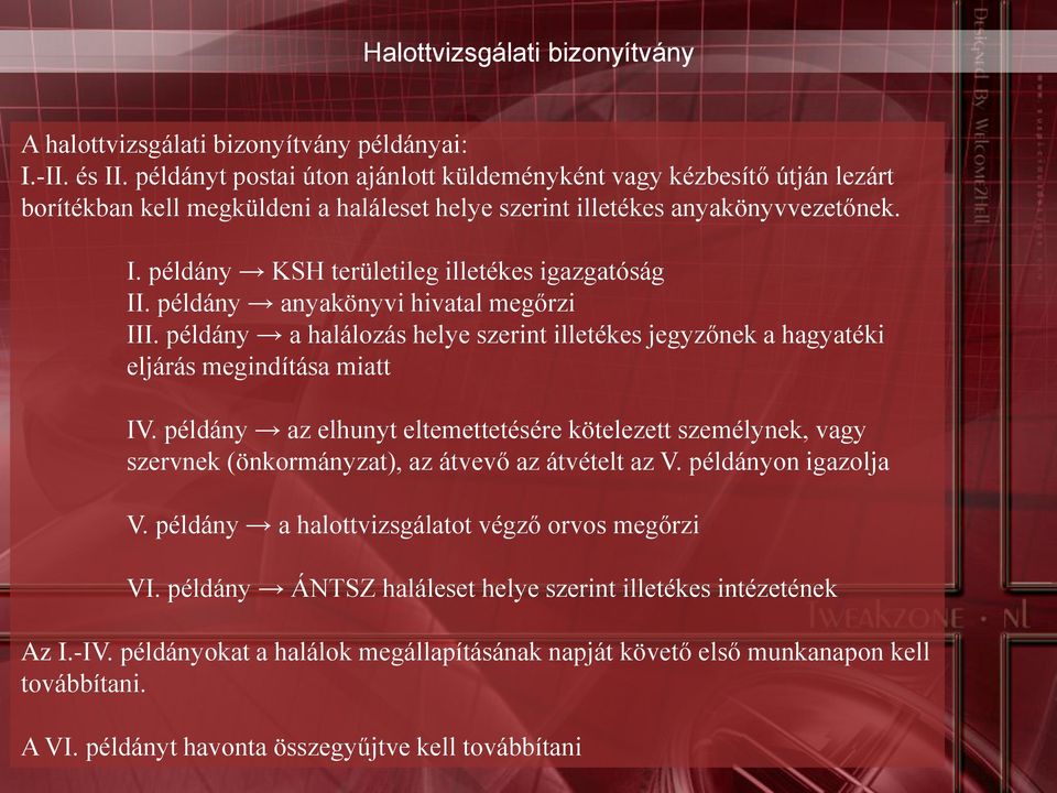 példány KSH területileg illetékes igazgatóság II. példány anyakönyvi hivatal megőrzi III. példány a halálozás helye szerint illetékes jegyzőnek a hagyatéki eljárás megindítása miatt IV.